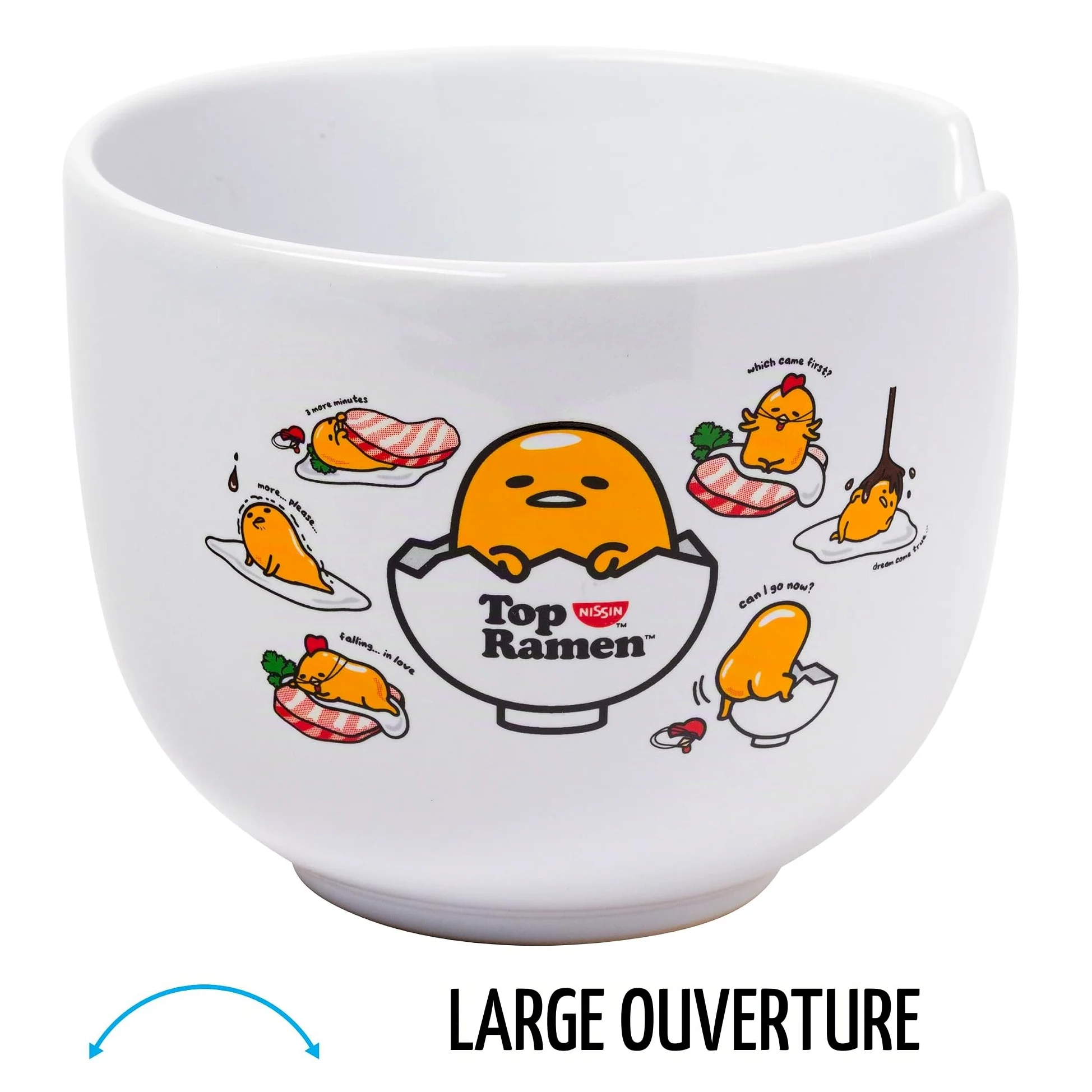 Silver Buffalo Sanrio Gudetama Lazy Egg Poses Top Ramen Nissin Bol à riz en céramique avec baguettes Passe au micro-ondes 590 ml