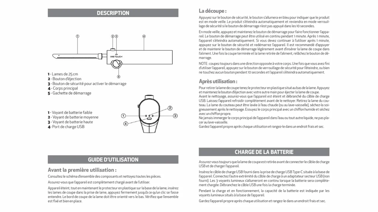 Couteau Électrique Sans fil ONE TOUCH KC157 – Découpe Rôtis, Volaille, Pain – Maniement Facile et Sécurisé