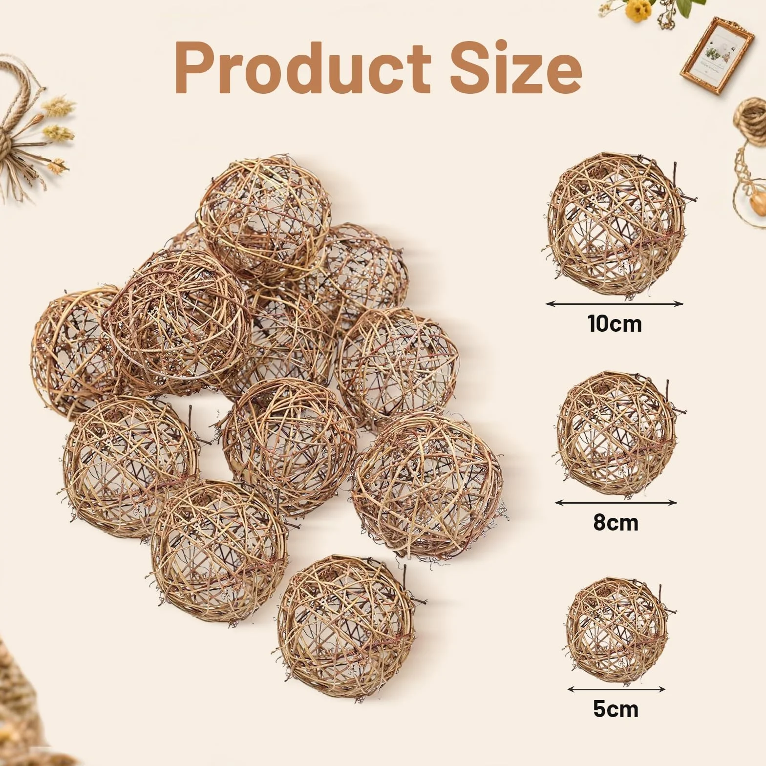 Lot de 12 boules en rotin naturel à suspendre 7,6 cm remplissage de vase loisirs créatifs décoration