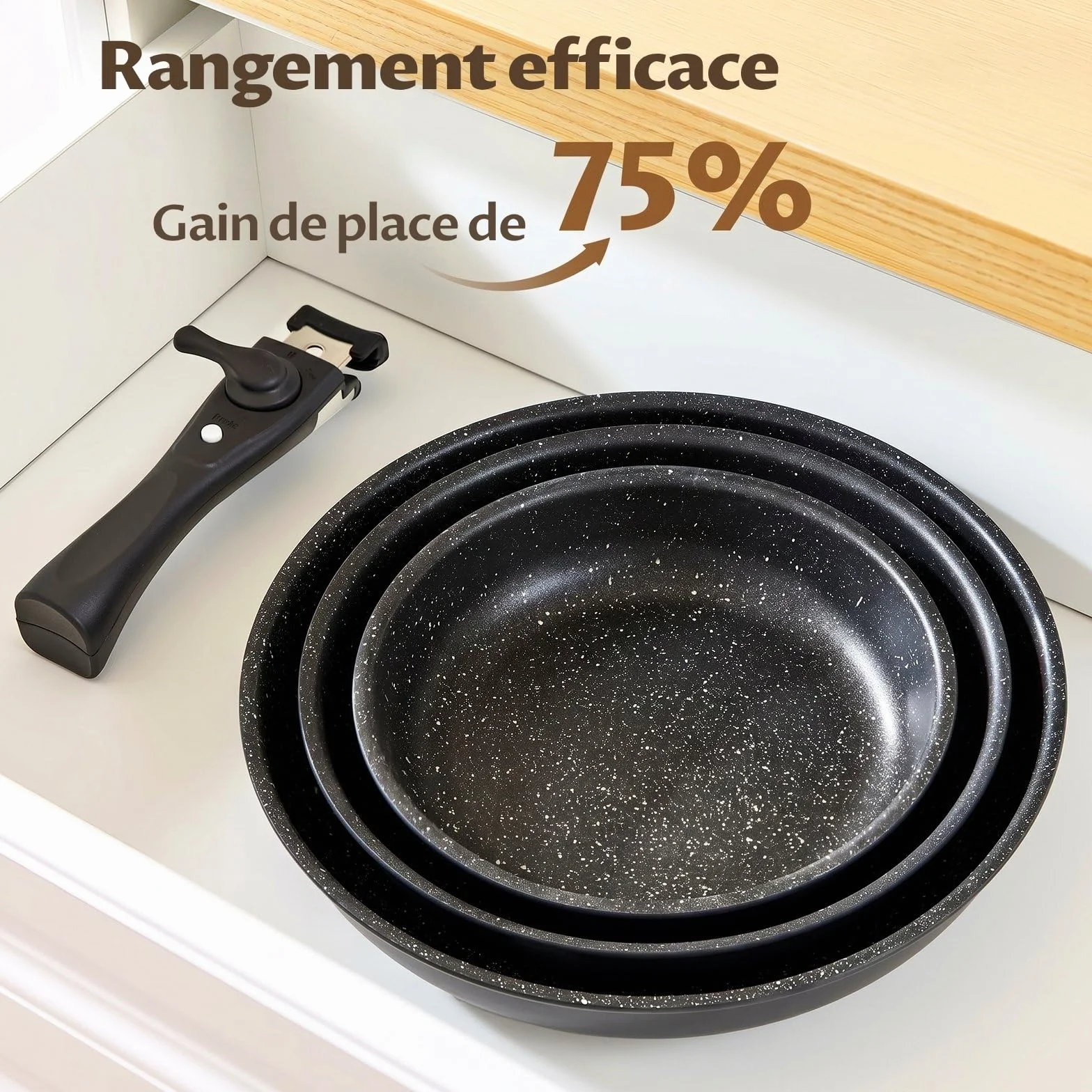 Lot de 3 Poêles avec Poignée Amovible 20/24/28 cm Anti-adhésif Induction Tous Feux Empilables