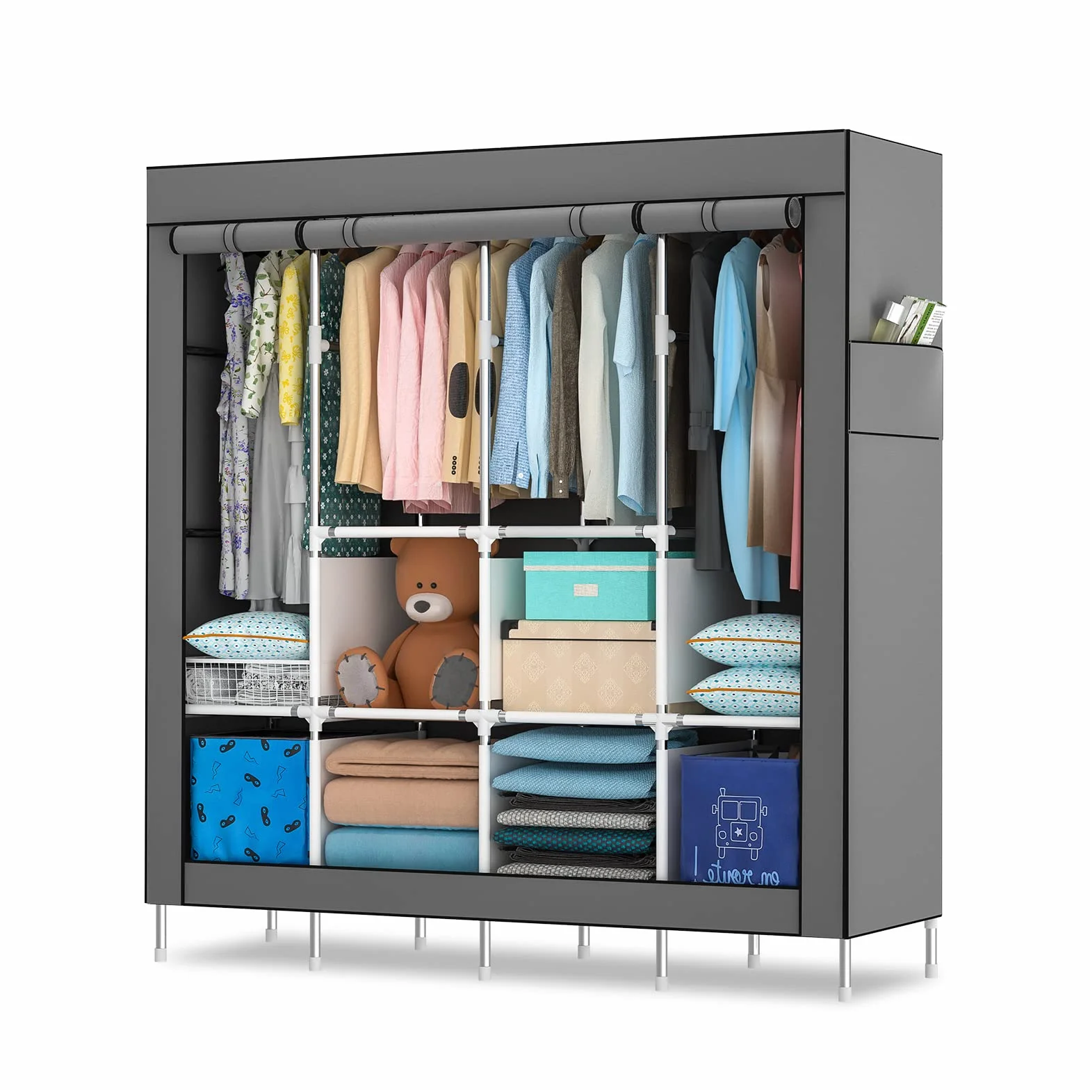 Mihoho Armoire à vêtements portable de 170 cm, organisateur de vêtements en métal, armoire autonome avec housse en tissu Oxford noir, 165 x 170 x 45 cm (gris, extra large)