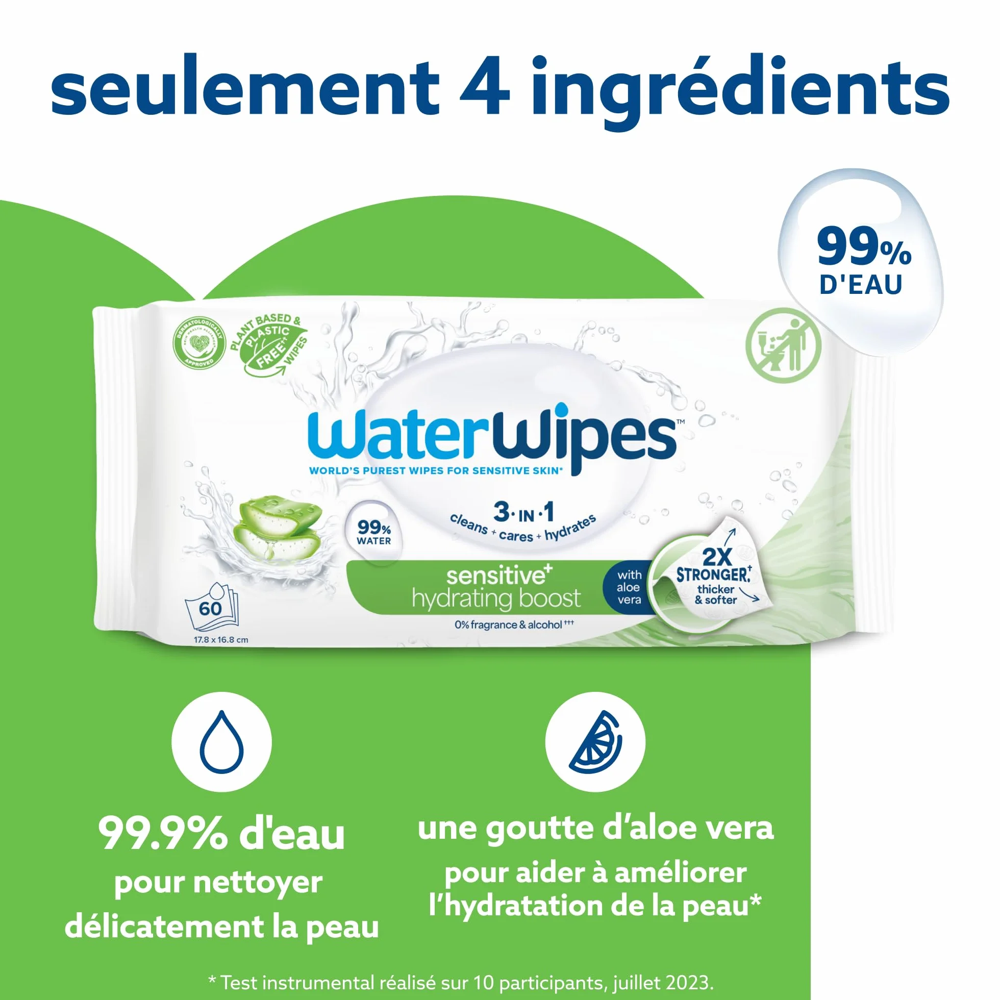 WaterWipes Sensitive+ Hydrating Boost Wipes, Lingettes Hydratantes, 360 unités, 3-en-1 nettoie, soigne, hydrate, 99% d'eau avec aloe vera, non parfumées