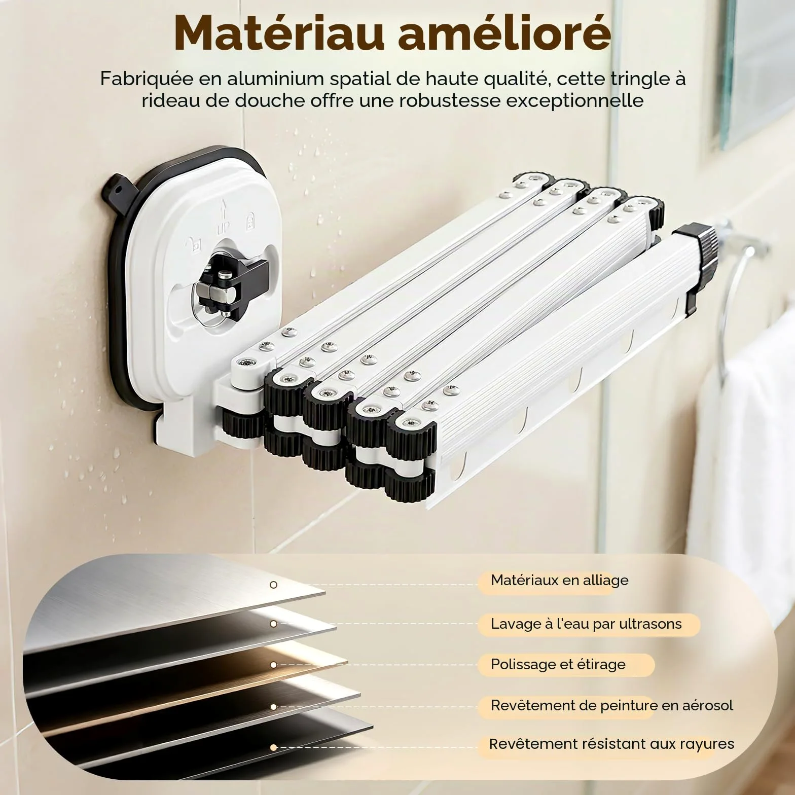 Rideau De Douche Sans Perçage,En Forme De L/U,5 Plis,190 cm | Ventouse Puissante,Tringle À Rideau De Douche Pliable Avec Ventouse,Tringle À Rideau De Douche Pour Douches D'Angle,Blanc