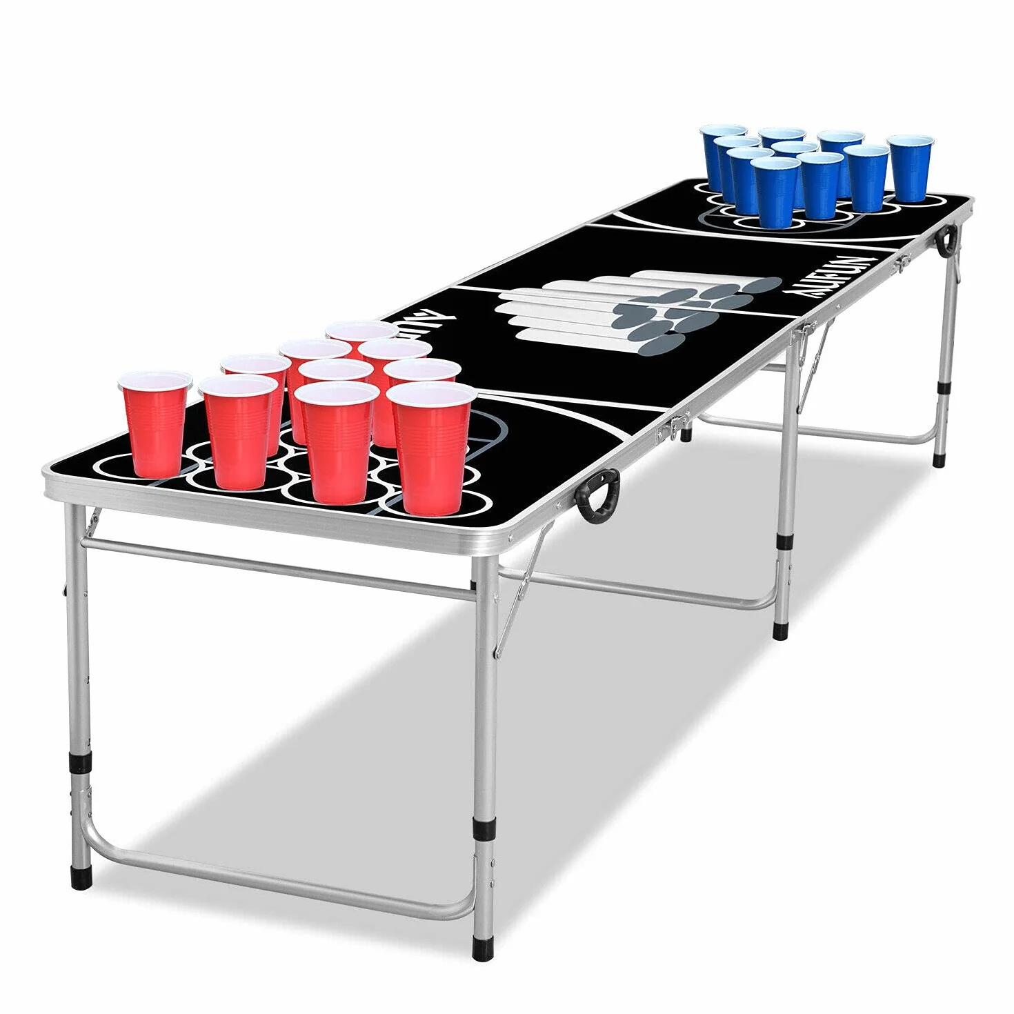 NAIZY Table Beer Pong Premium Réglable Hauteur Aluminium MDF 242x62cm Noir avec 100 Gobelets 5 Balles