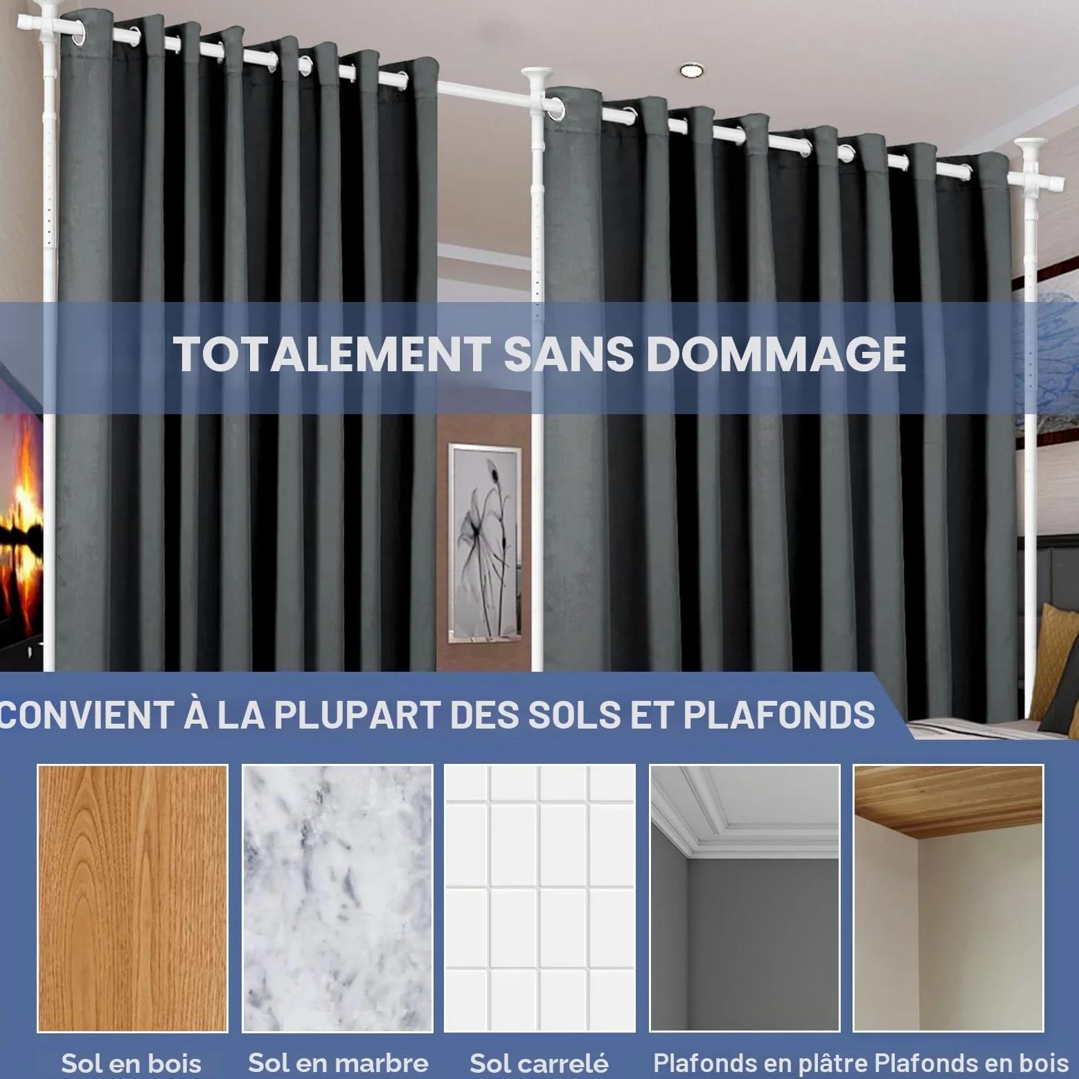 Tringle à rideaux sans perçage, 1,2 à 3 m (H) 71,1 à 289,6 cm (l) réglable et robuste – Séparateurs de pièce – Sans dommages pour cloison d'espace – Blanc