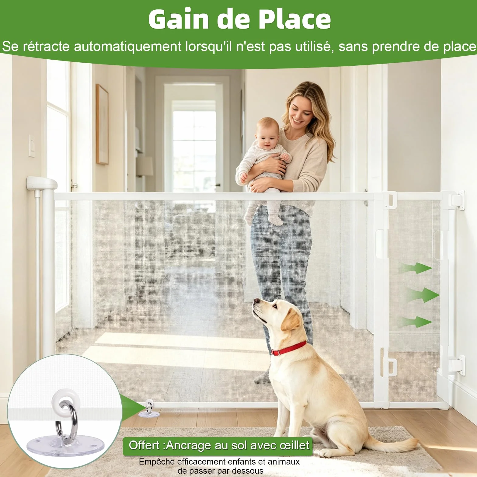 Barrière de Sécurité Rétractable pour Bébé 0-150 cm, Adaptée aux Escaliers, Couloirs, Intérieur et Extérieur (Blanc)
