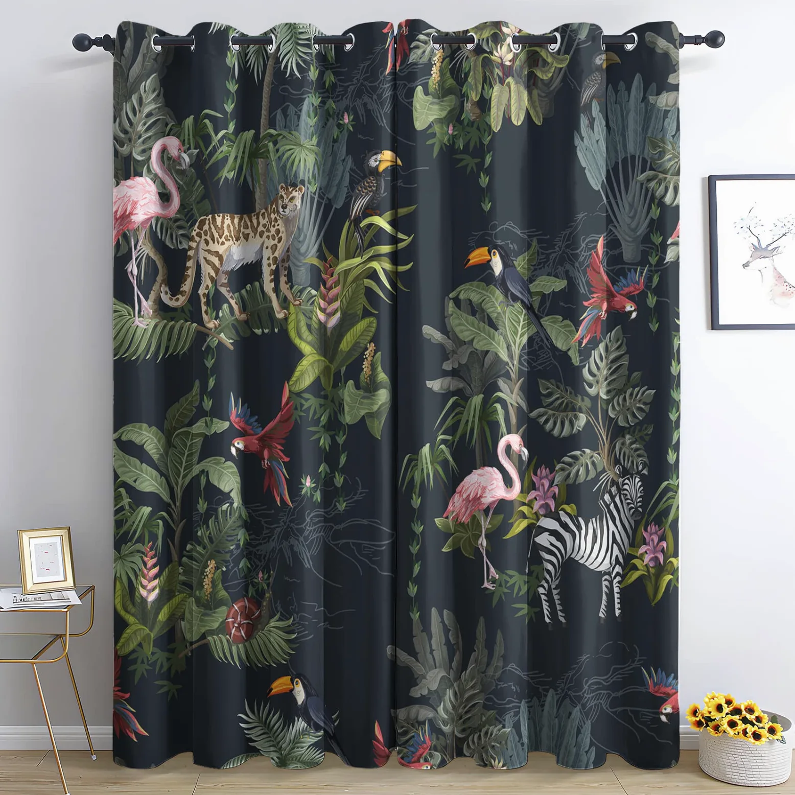 Rideau Occultant, Motif Animaux Jungle Tropical - Rideaux Thermiques Imprimé pour Salon Chambre Fenetre, Lot de 2 Rideaux et Draperies Intérieurs à Oeillets, 110x215 cm (L x H)