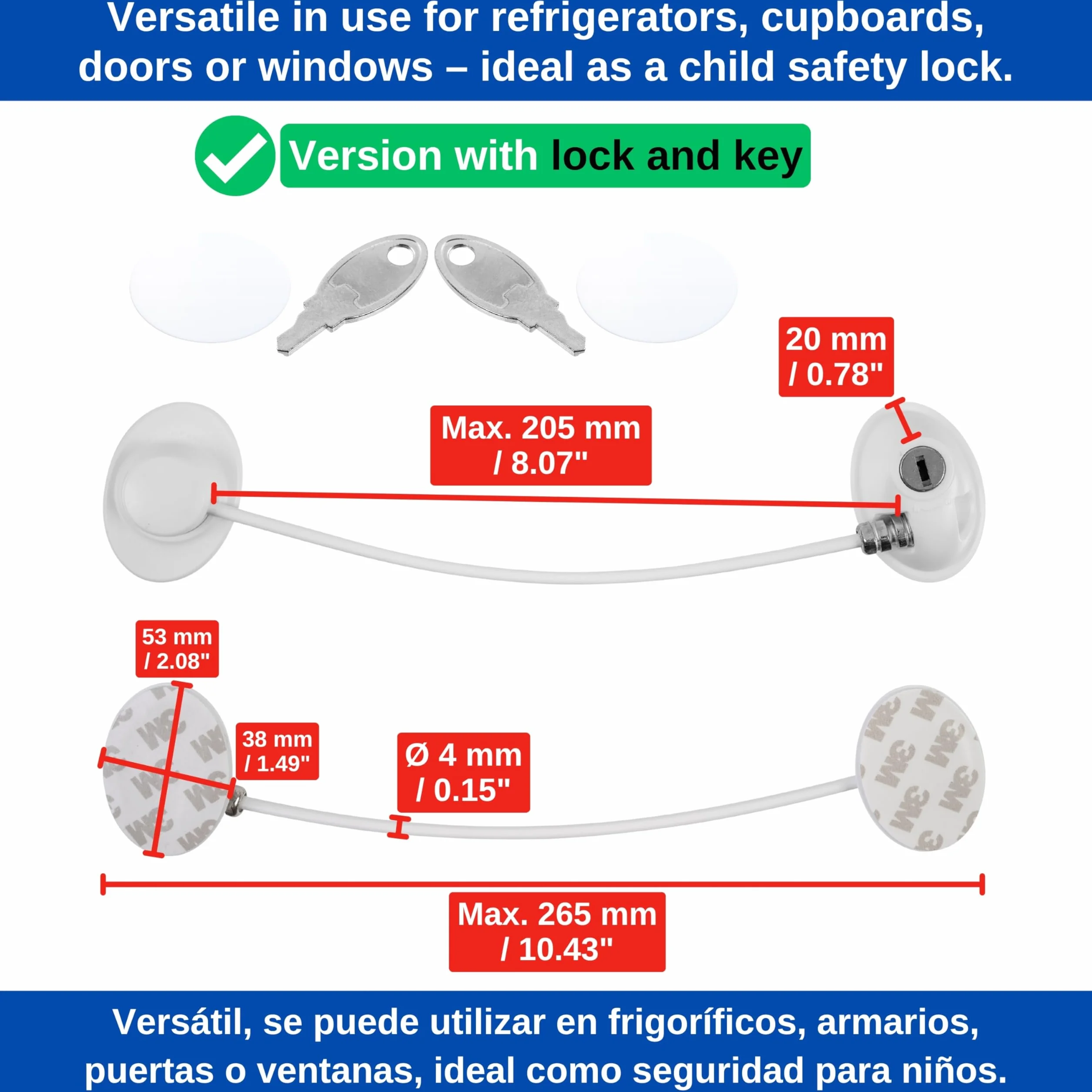 Serrure adhésive verrouillable pour sécurité enfant, 1 pack, blanc, 2 clés, pastilles adhésives de rechange