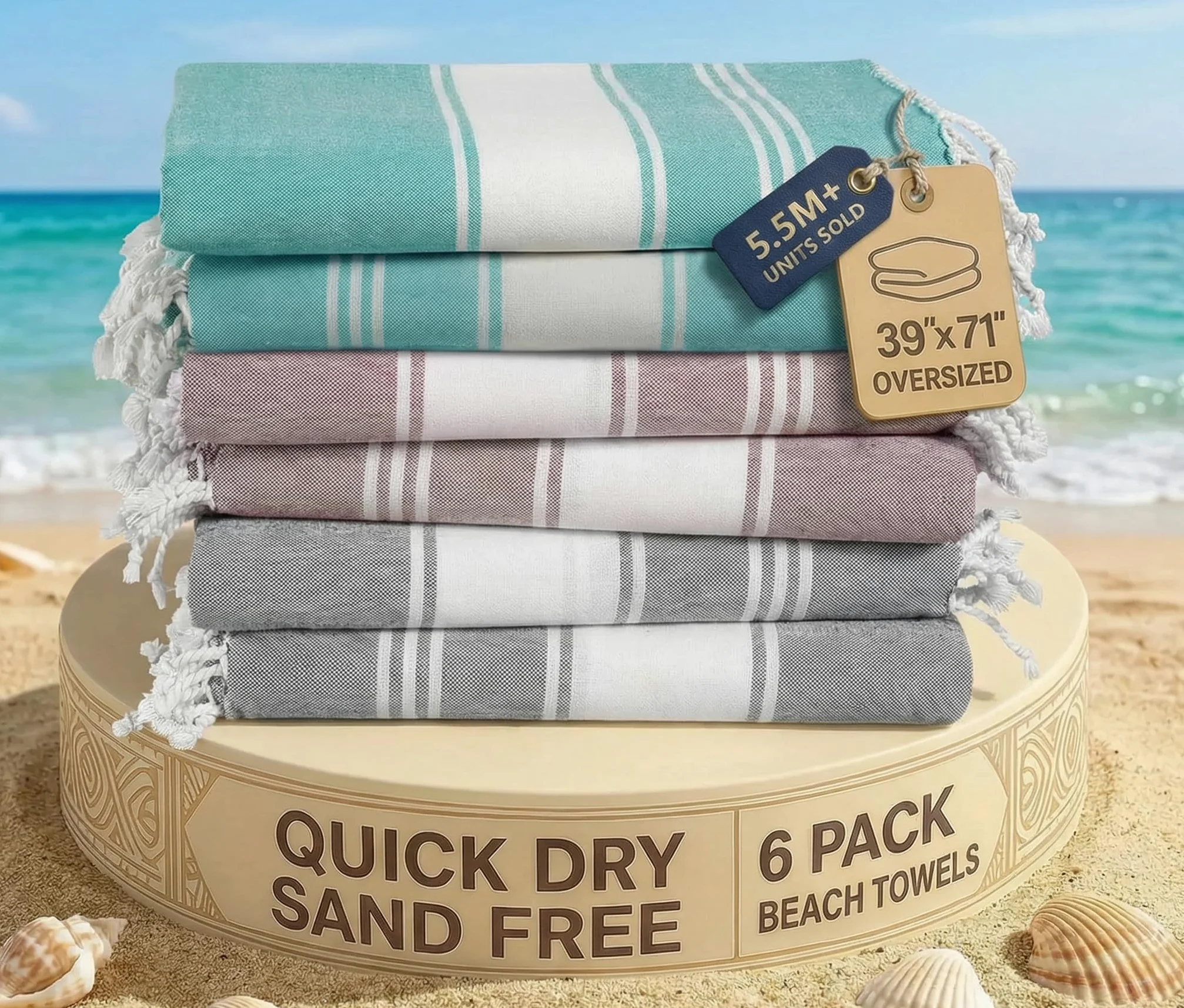 LANE LINEN Lot de 6 serviettes de plage 100 % coton, surdimensionnées, 99,1 x 180,3 cm, serviettes de plage surdimensionnées, absorbantes, très grandes, à séchage rapide, serviette de sable et de