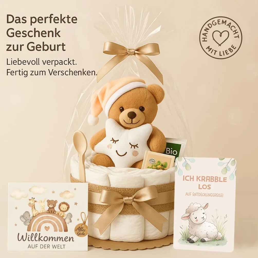 Gâteau de couches boho vintage pour bébé fille garçon avec ours en peluche, doudou et thé bio