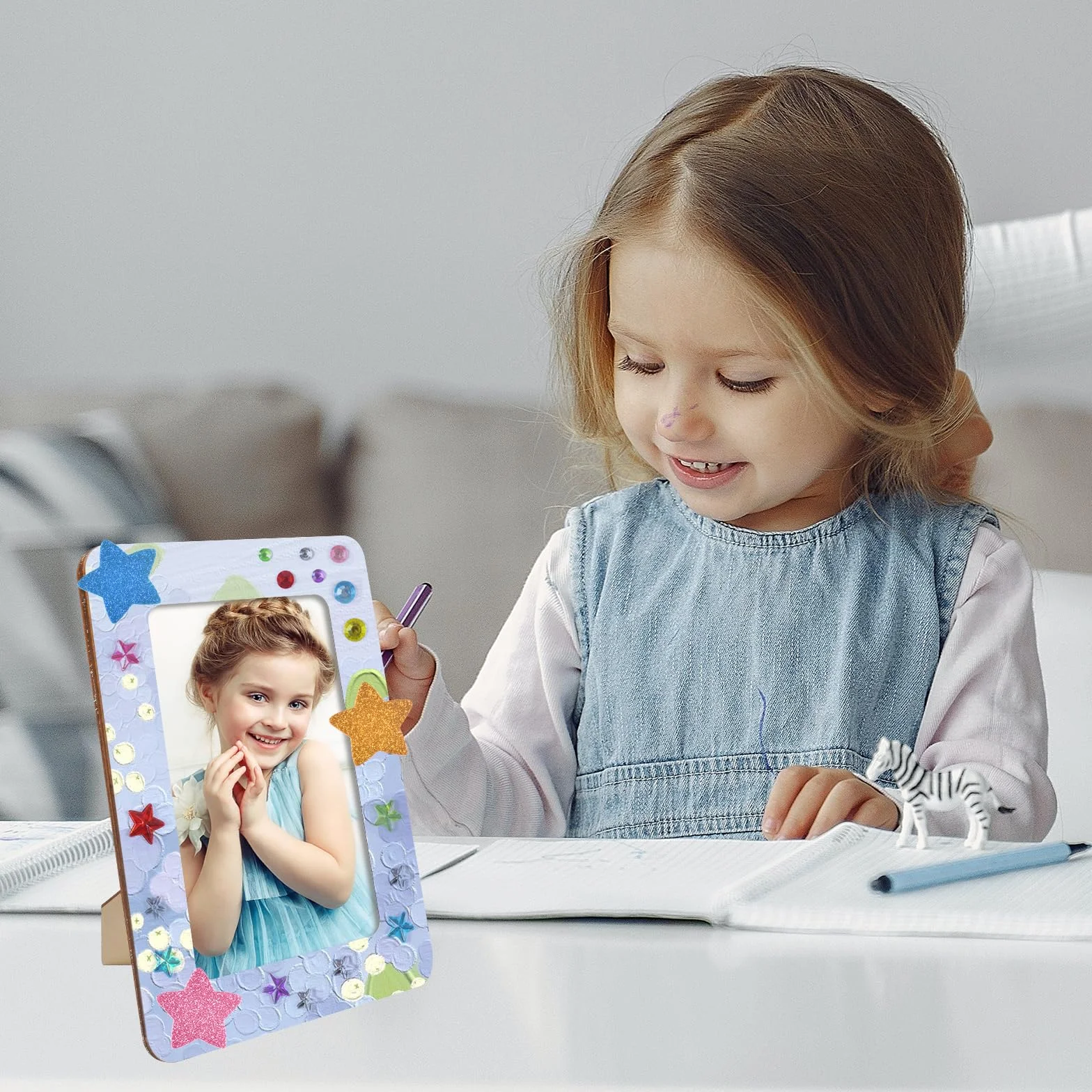 DIY Cadre Photo pour Enfant 6 Pièces Kits en Bois 15 x 20 cm avec Autocollant Diamant et Crayons