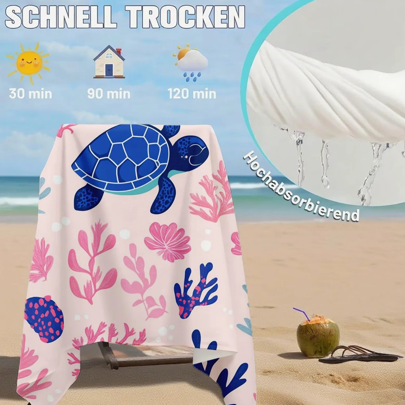 Serviette de Plage XXL 100x200 cm,Tortues de mer Serviette Plage Microfibre avec Séchage Rapide Anti-Sable Absorbante Fonction Design pour Vacances Piscine Pique-Nique Voyages Yoga, Cadeau Femme Q-647