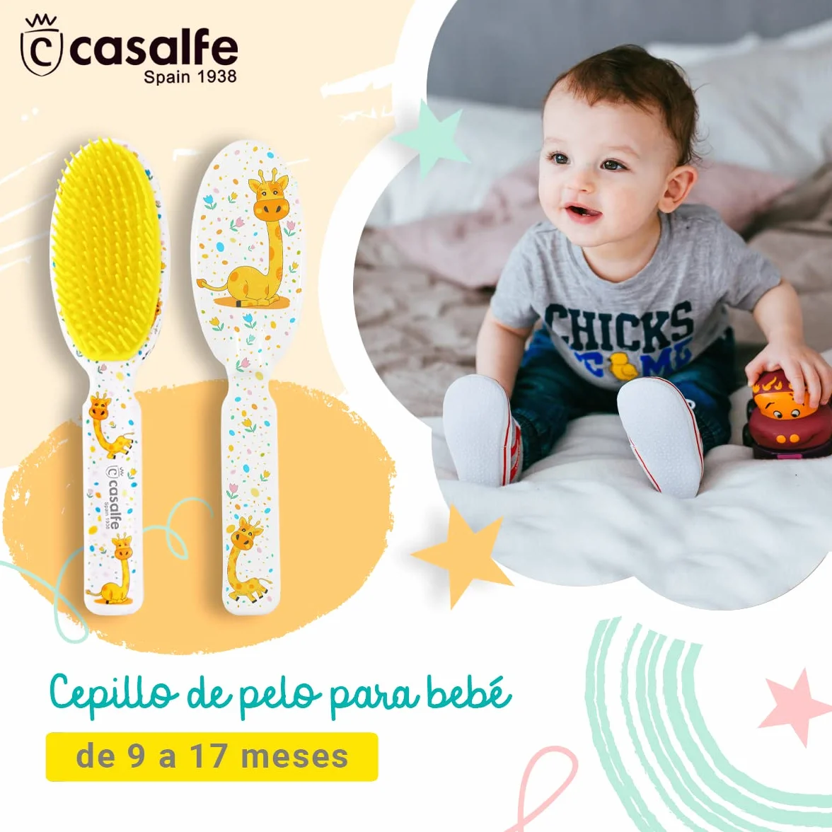Brosse à cheveux bébé 9-17 mois pointes souples sans BPA girafe Casalfe