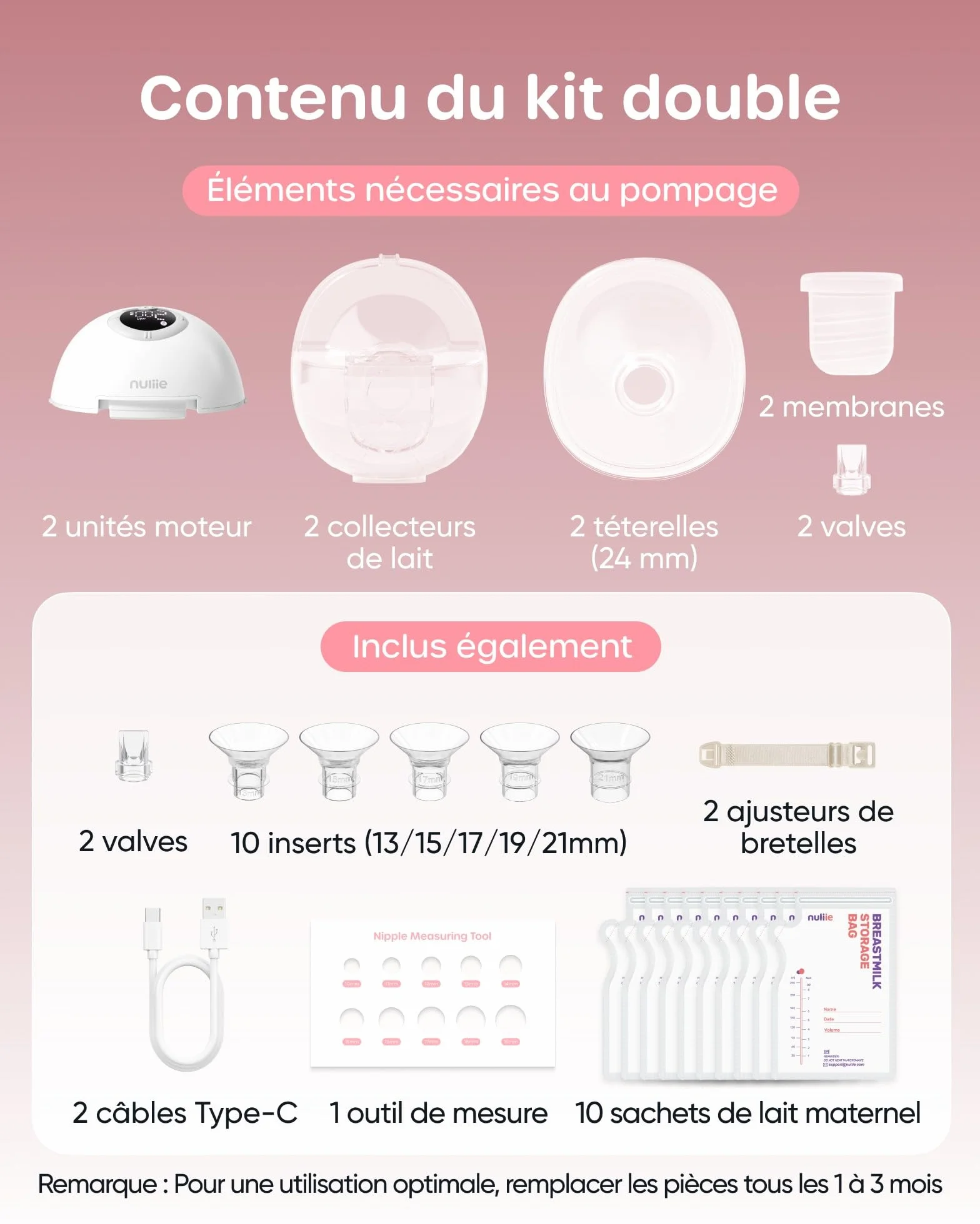 Tire Lait Electrique Main Libre Nuliie 4 Modes 9 Niveaux Fonction Mémoire Rechargeable LED 24mm 2 Paquets Blanc