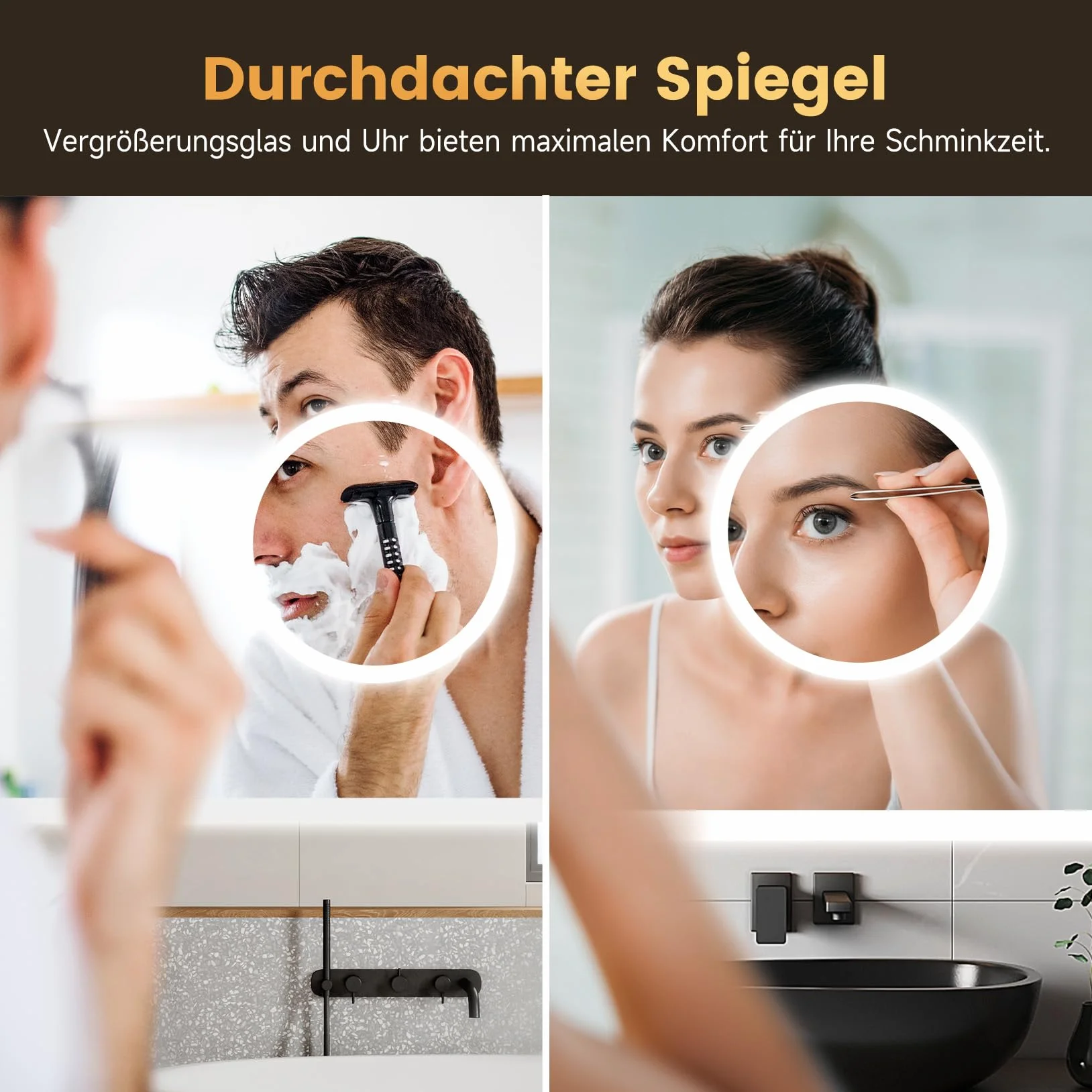 Miroir de Salle de Bain LED YOLEO avec Horloge, Température, Grossissement 3X, antibuée, 3 Couleurs de Lumière, 100 x 60 cm