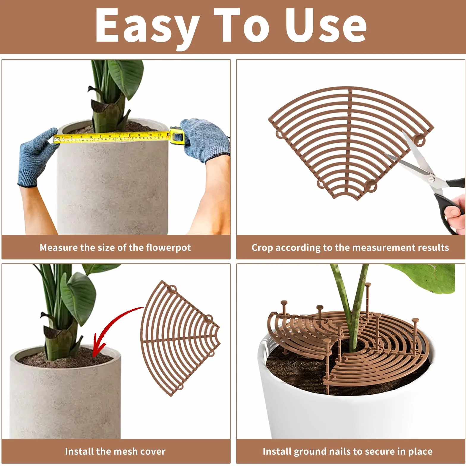 Grille Protection Plante 6 Pièces 30cm Marron Noir Vert, Coupe Personnalisable pour Plantes d'Intérieur