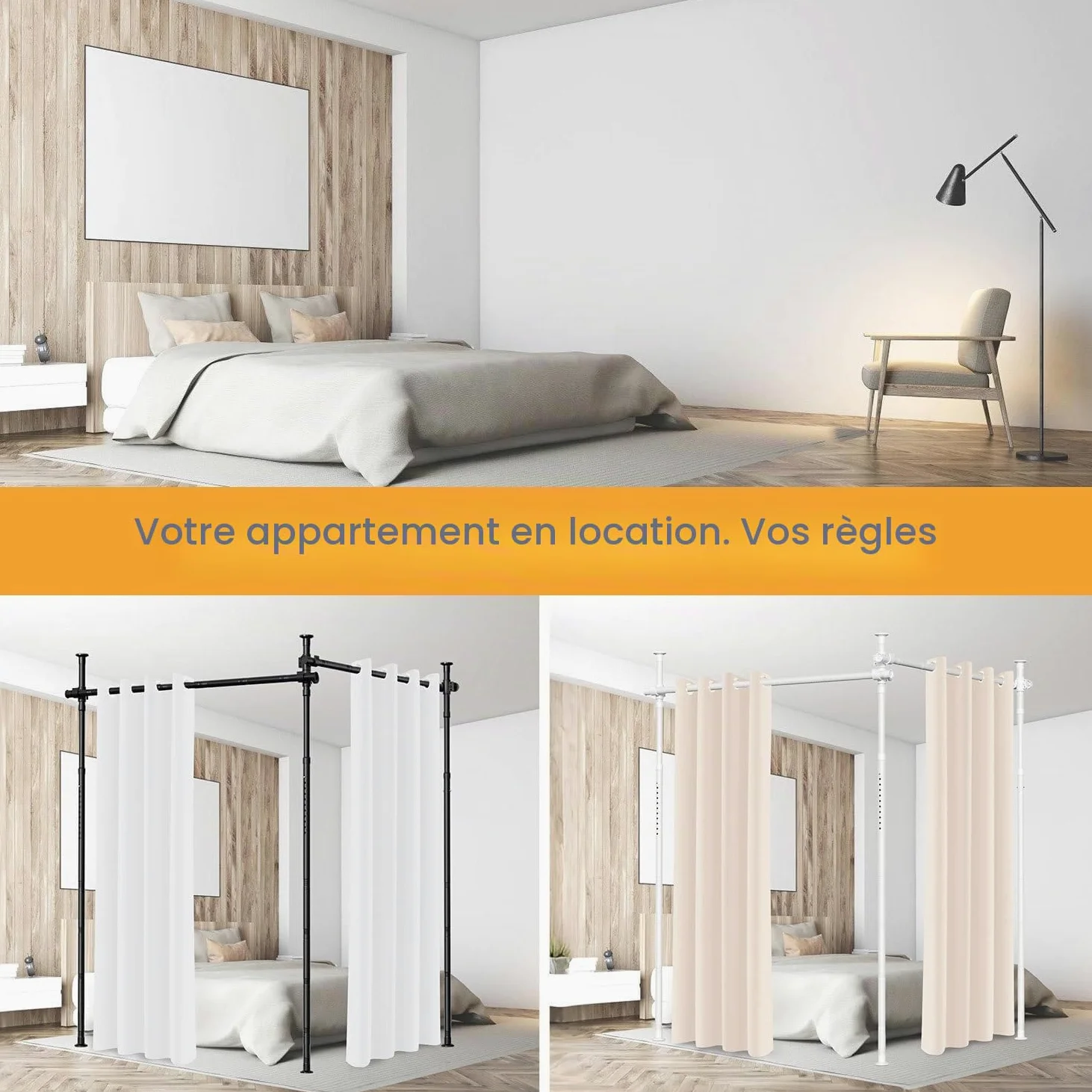 Séparateur de pièce sans perçage, réglable en hauteur (122-320 cm) et largeur (70-355 cm), tringle à rideau, brise-vue pour salon, chambre à coucher, métal, instructions en allemand/blanc