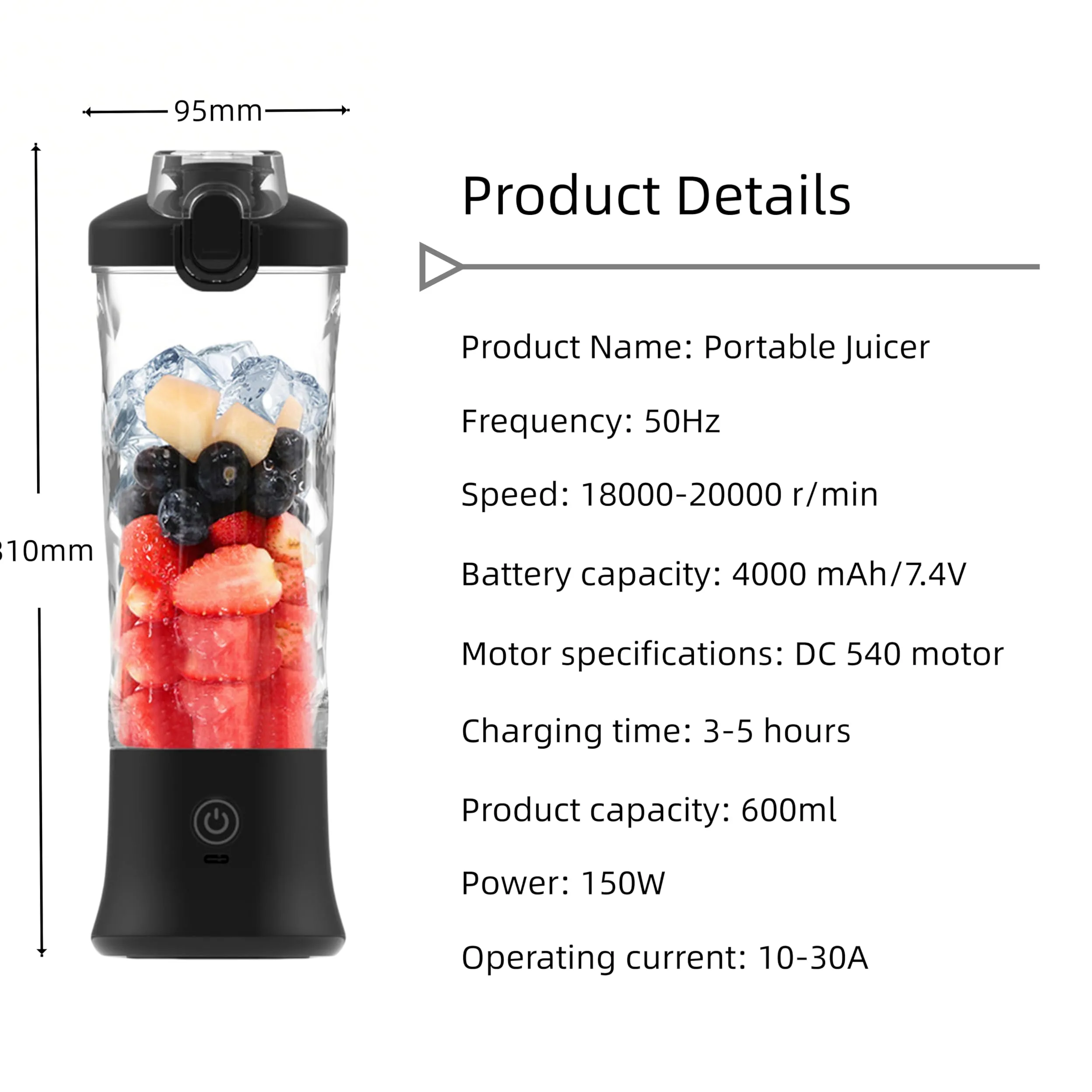 Mélangeur de jus frais portable, mélangeur à portion unique, pour milkshakes et smoothies, machine pour cuisine, bureau, salle de sport, 4000 mAh (noir)