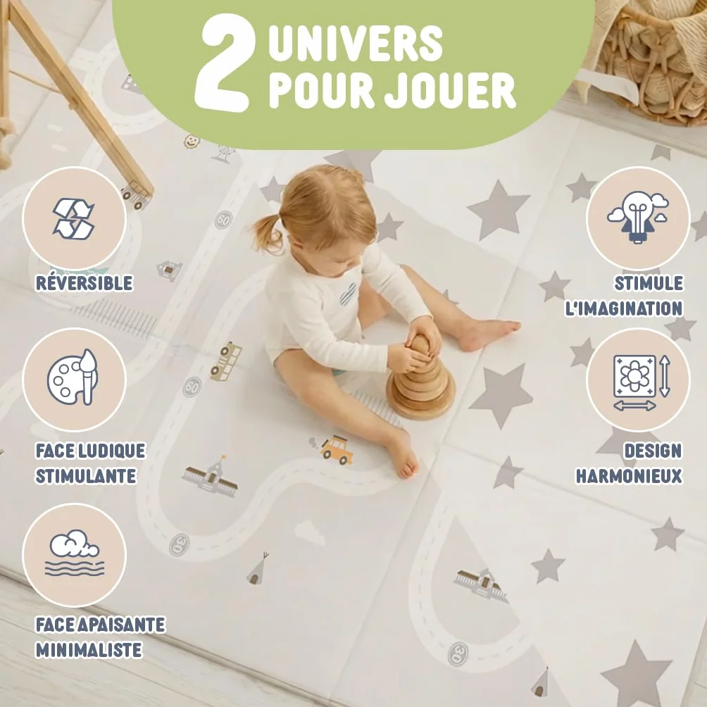 Tapis d'Éveil et de Jeux Bébé Treelys Urban Railway 150x200 cm Circuit Routier Pliable Réversible XPE 15mm EN71 0-3 Ans
