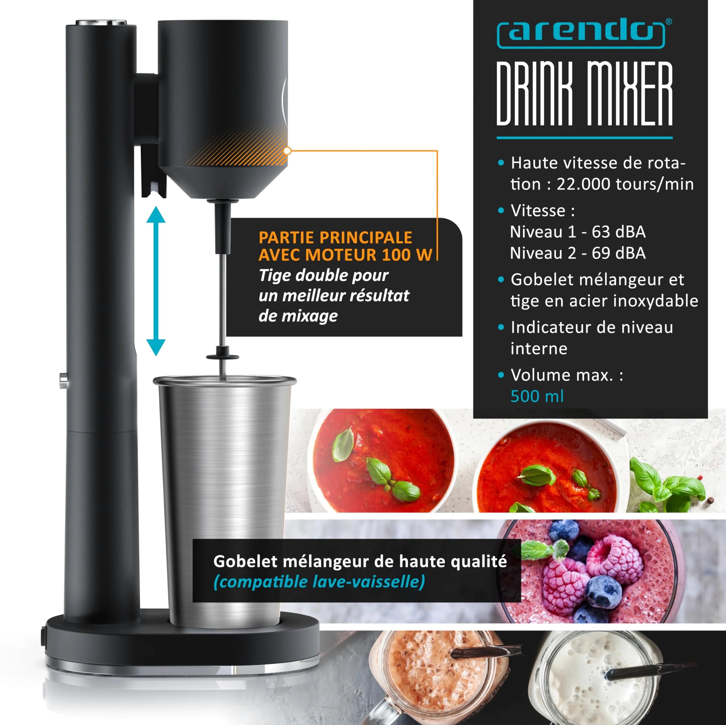 Arendo - Mixeur à Boissons et Milkshakes avec Gobelet en Inox 500 ml/250 ml - 100W, 22 000 tr/min, 2 Vitesses, Double Fouet