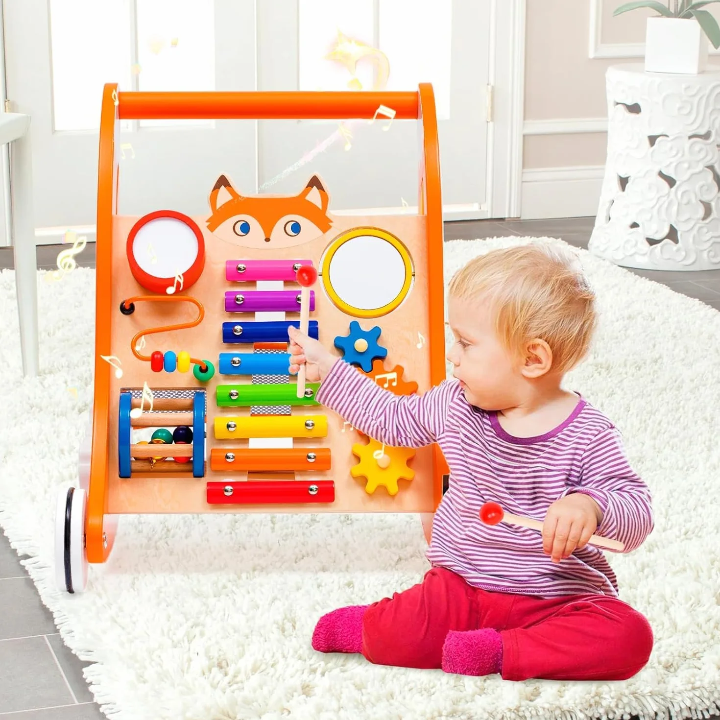 Chariot de Marche en Bois Trotteur Bébé avec Musique et Trieur de Formes Jouet Montessori