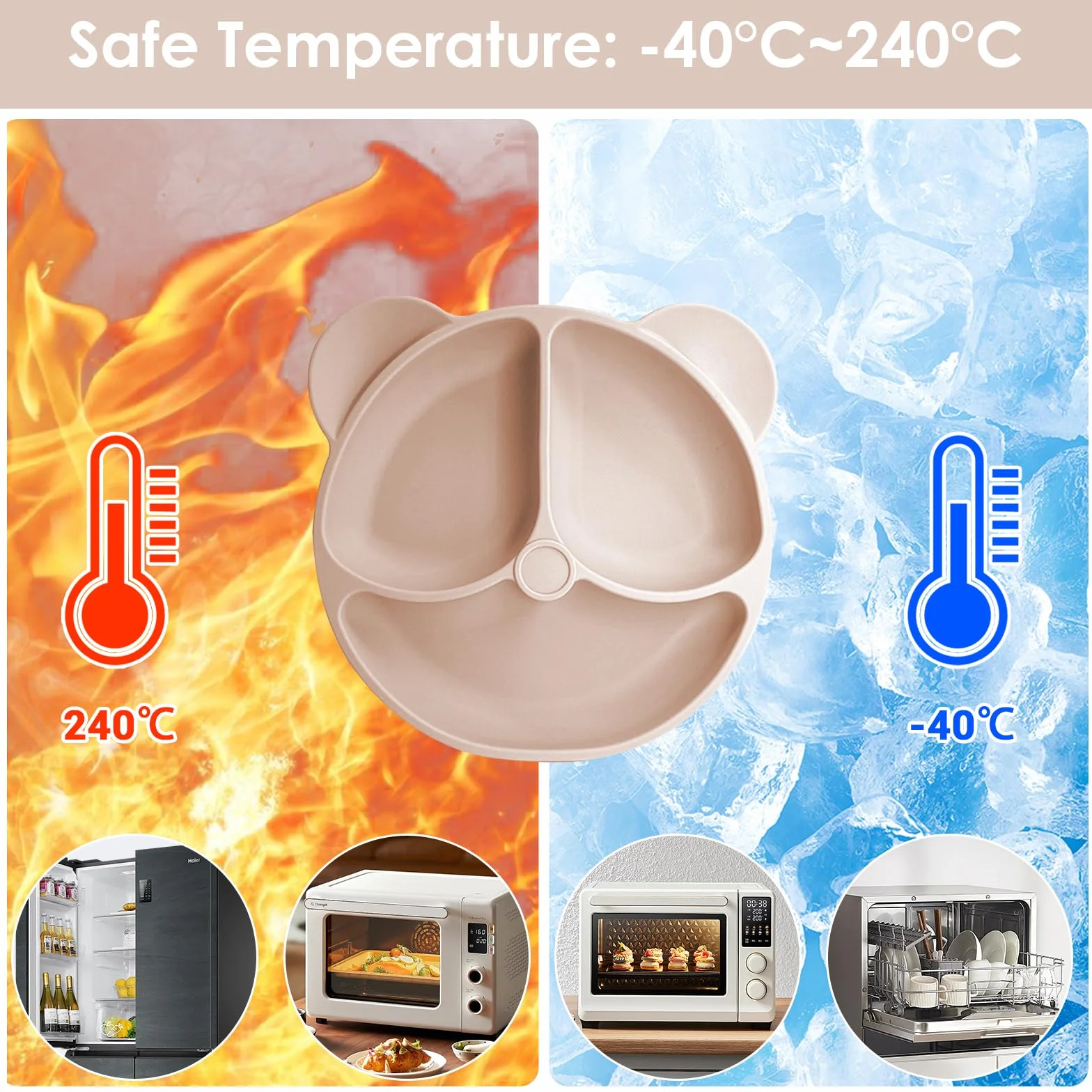 Coffret Repas Bebe Silicone 14 pièces Assiette Bol Fourche Cuillère Bavoir Tasse Set Couverts Vaisselle Sevrage Manger Beige
