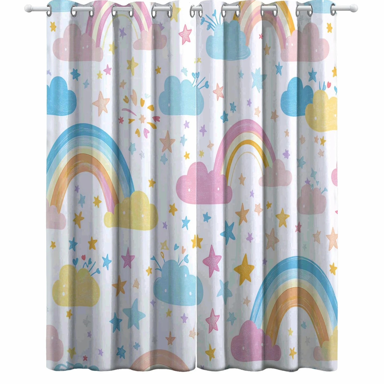 Arc en Ciel Nuages Étoiles Rideau Occultant, Blanc Rideau Thermique Isolant Tenture Opaque à Oeillets Draperies IntéRieurs pour Chambre Salon Décoration 2 Panneaux 92L x 214H cm