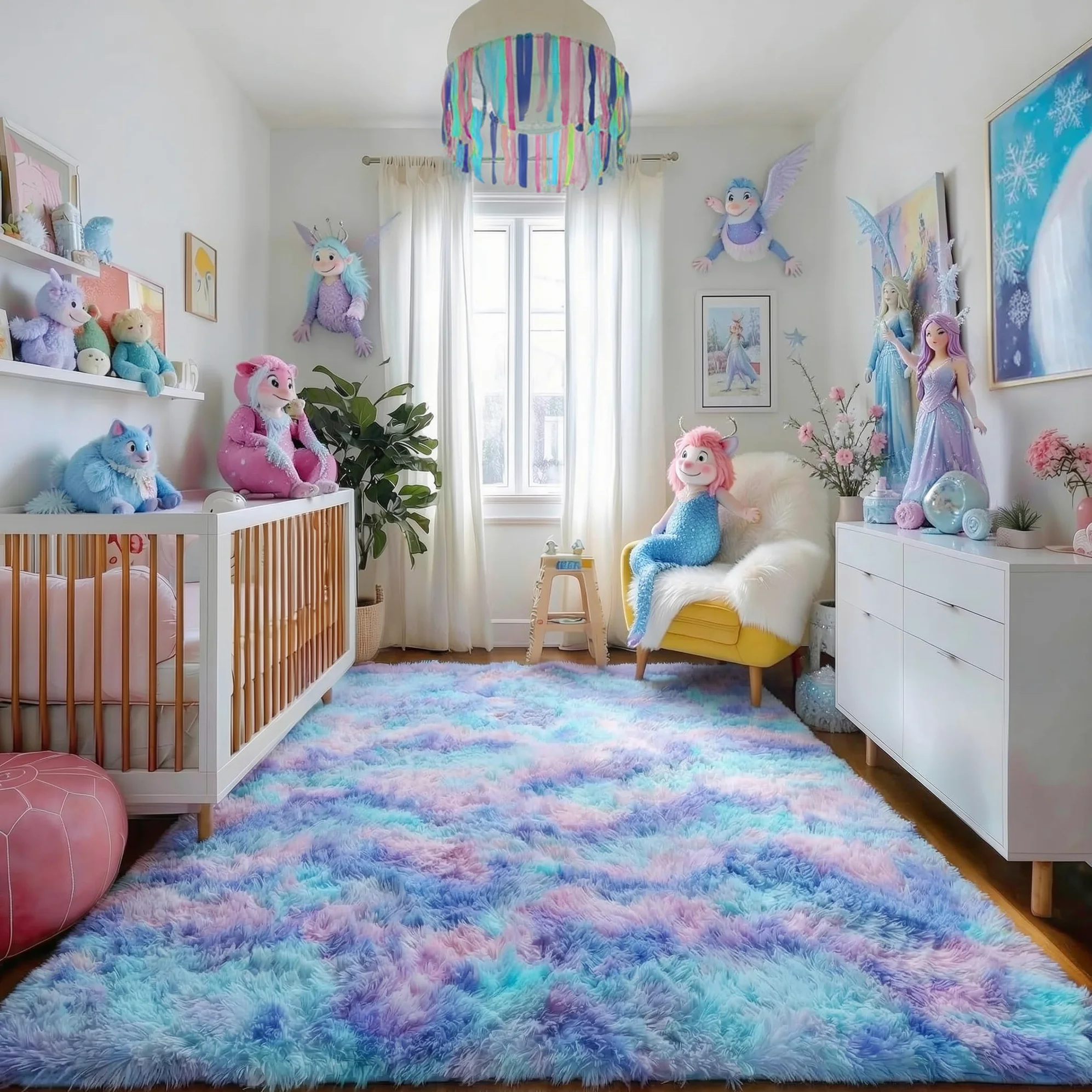 Amdrebio Tapis pelucheux mignon et mignon pour chambre à coucher, chambre de fille, décoration de chambre d'enfant, salle de jeux, dortoir, point de sirène, tapis pelucheux en peluche pour bébé et