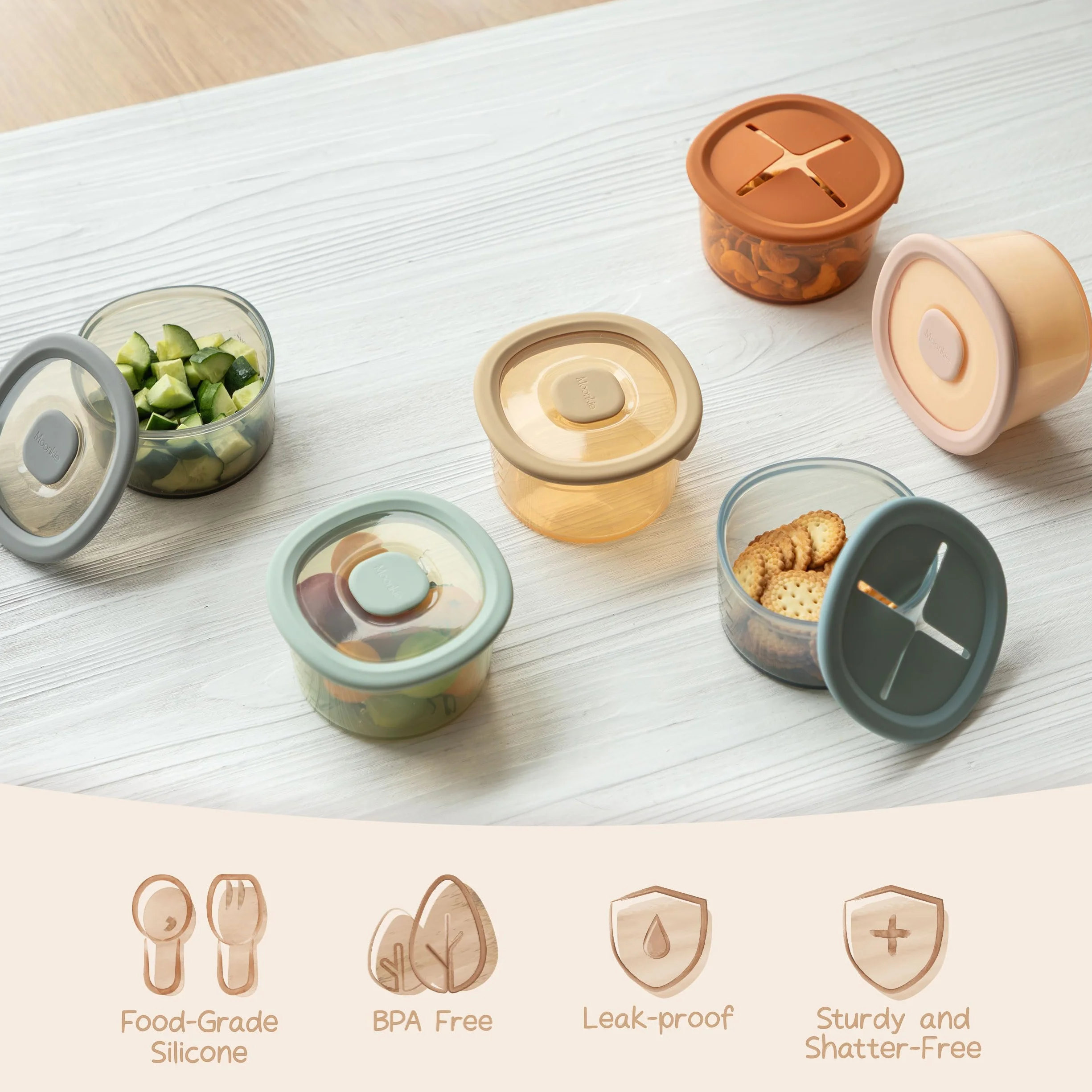 Moonkie Petit Pot Conservation Bébé Silicone Lot de 6 8oz 240ml avec couvercles Double scellage hermétique Gradués Sans BPA