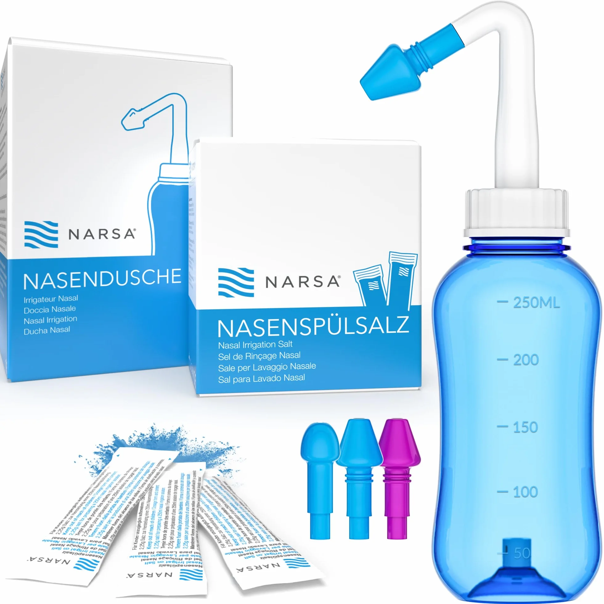 NARSA Douche nasale avec 30 sachets de sel de rinçage nasal pour soulager la congestion et les allergies