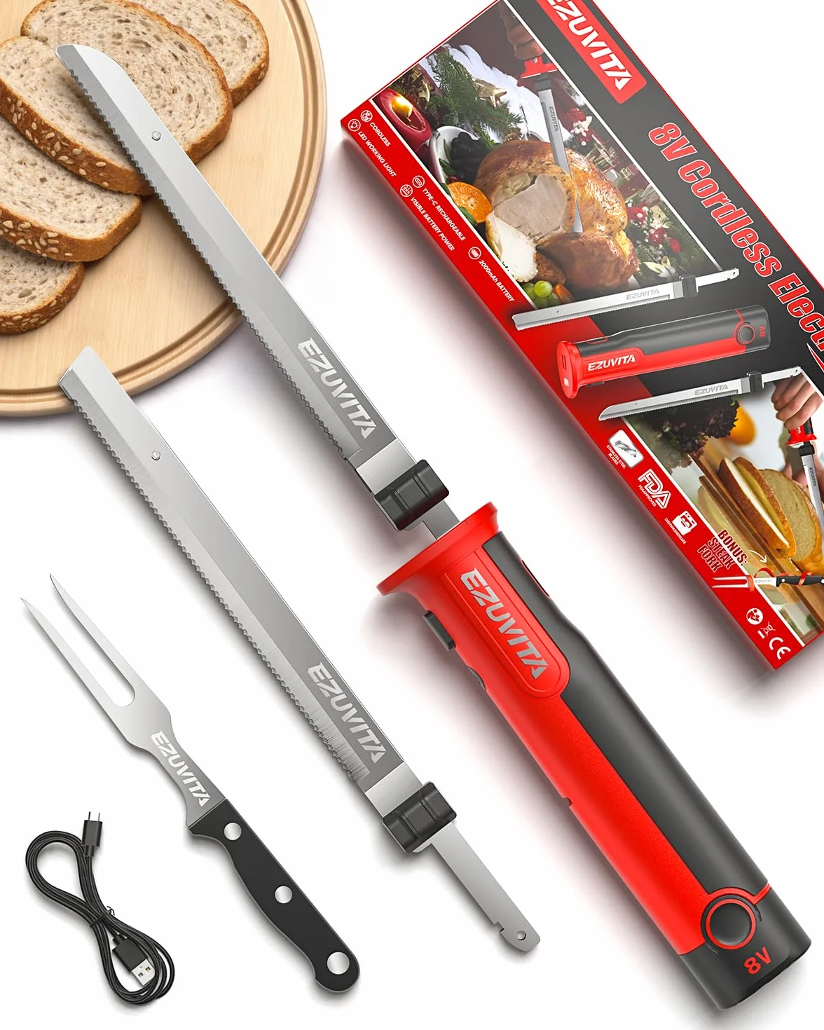 Couteau Électrique sans Fil 8V, Couteau Cuisine avec 2 Lames, Batterie 2000mAh, Rouge