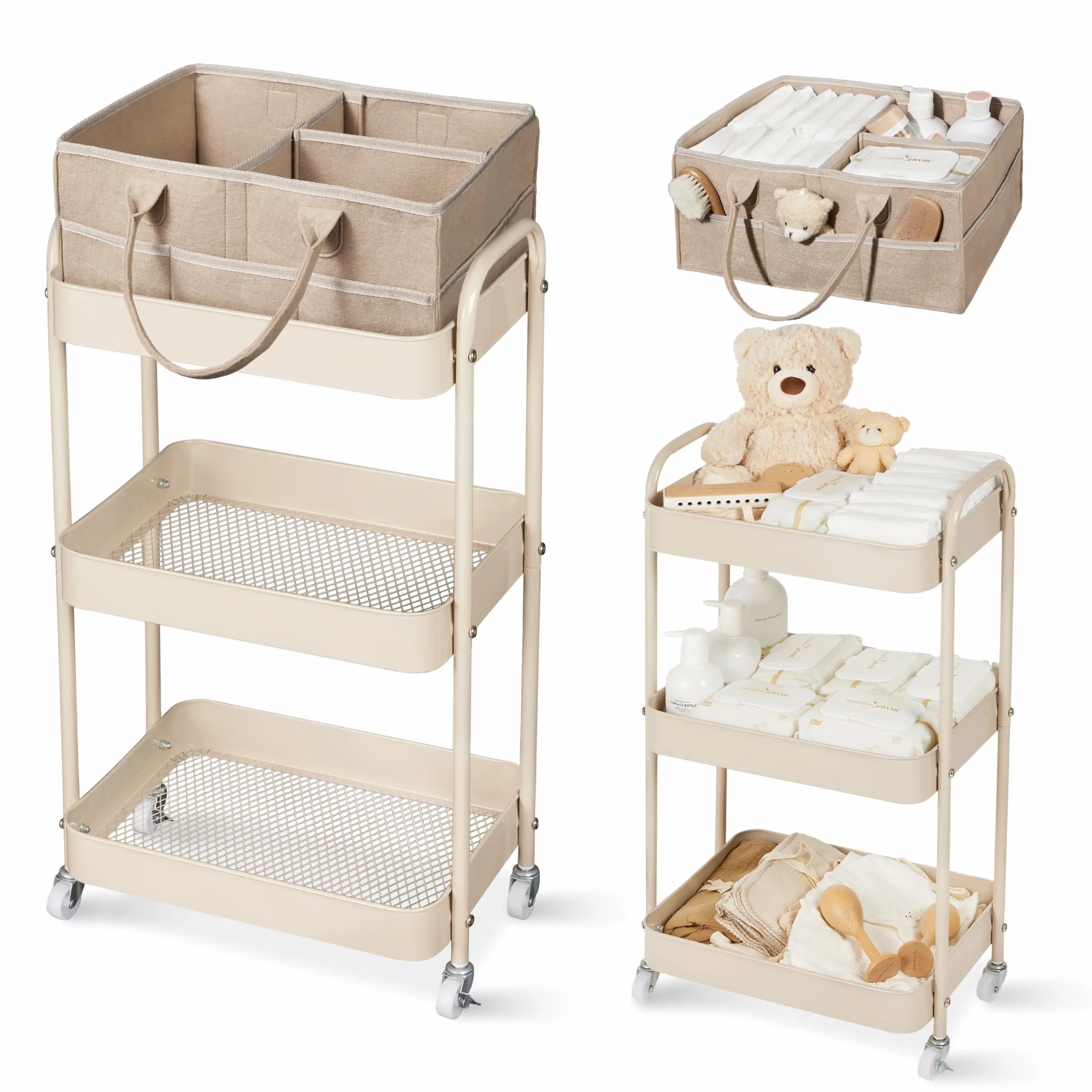 Fortella Desserte à Roulettes 3 Niveaux avec Panier Rangement Bébé Chariot de Rangement Sac à Langer Portable Marron