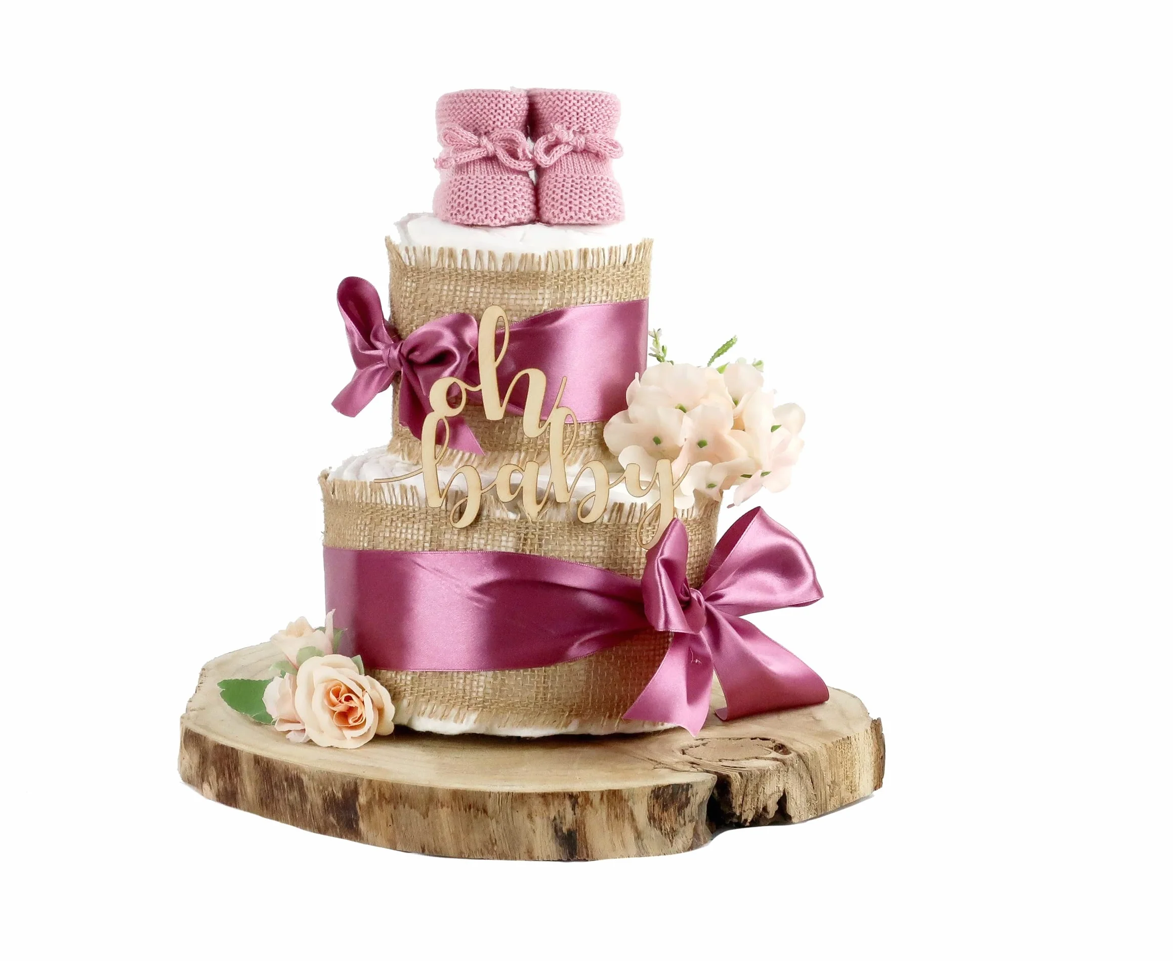 Gâteau de couches TOUT jute 2 étages prune pour naissance