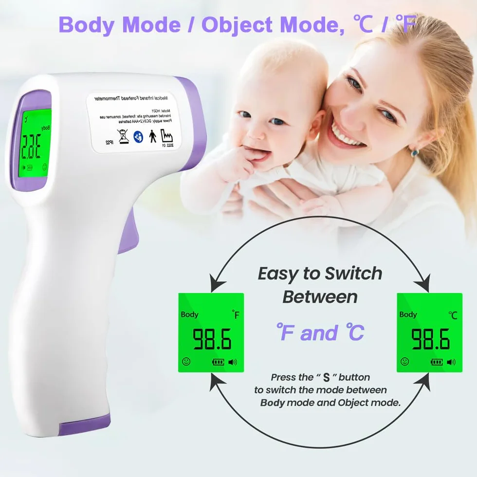 Thermomètre Frontal Sans Contact Adulte Bébé Lecture Instantanée 1s 32 Mémoire Alarme Fièvre