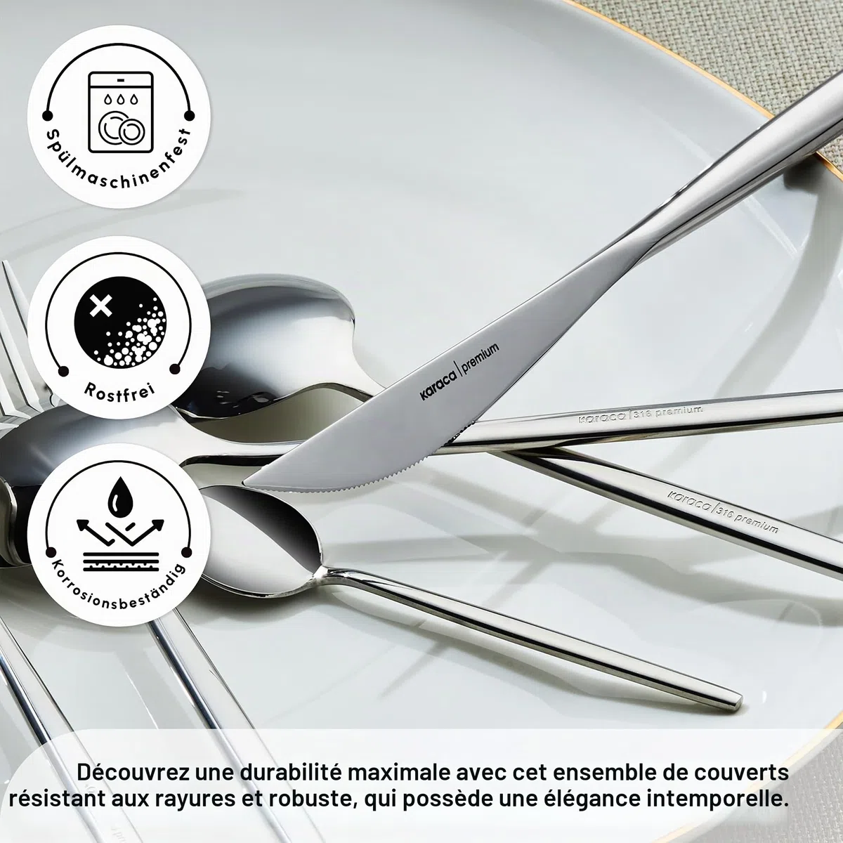 Karaca Mild Ensemble de couverts 84 pièces 316+ Premium pour 12 personnes, 18/10, Antirouille, Durable, Résistant à la corrosion, Passe au lave-vaisselle, Couverts de service