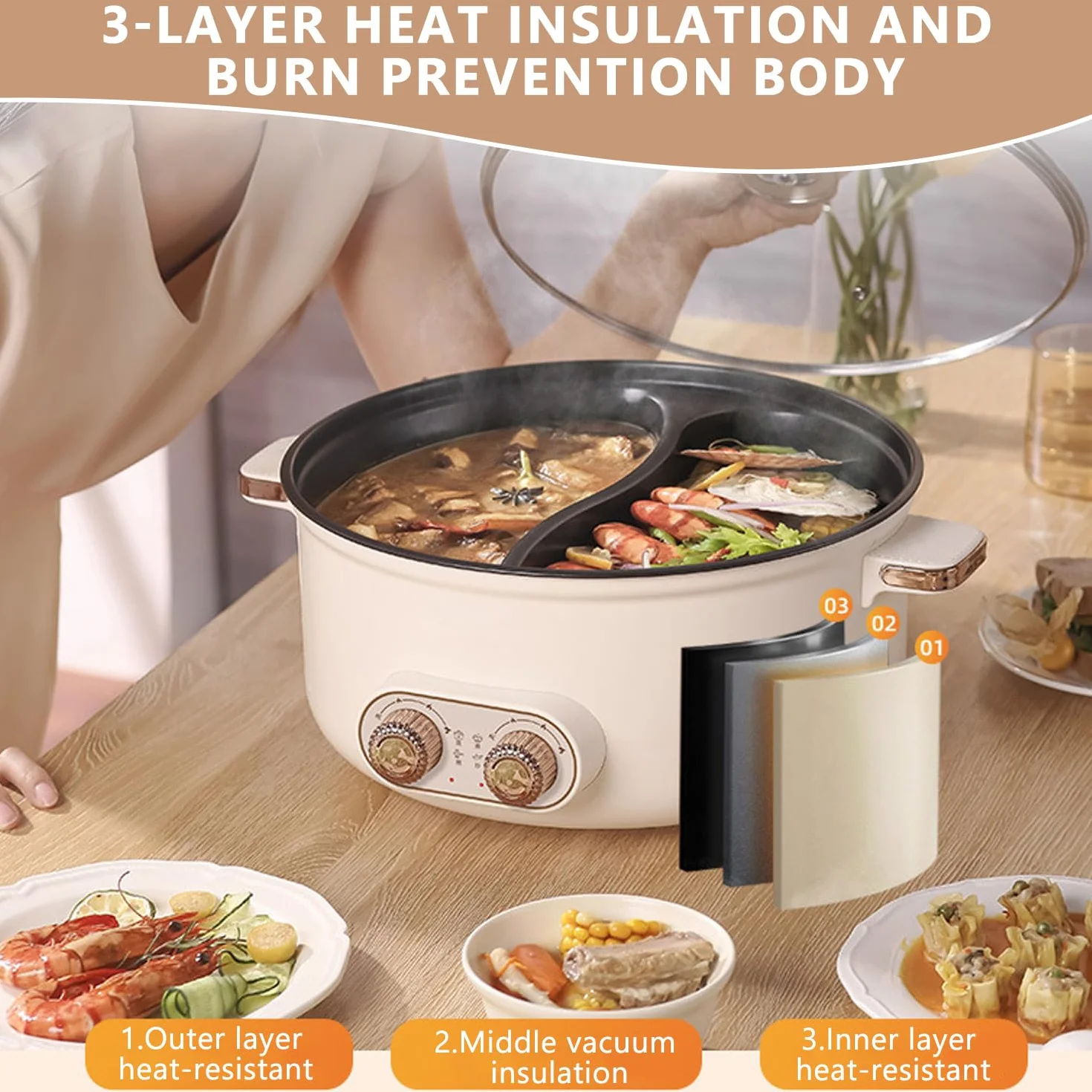 Hot pot électrique 7,5 L Double Récipient 1600 W Mijoteuse multifonctionnel