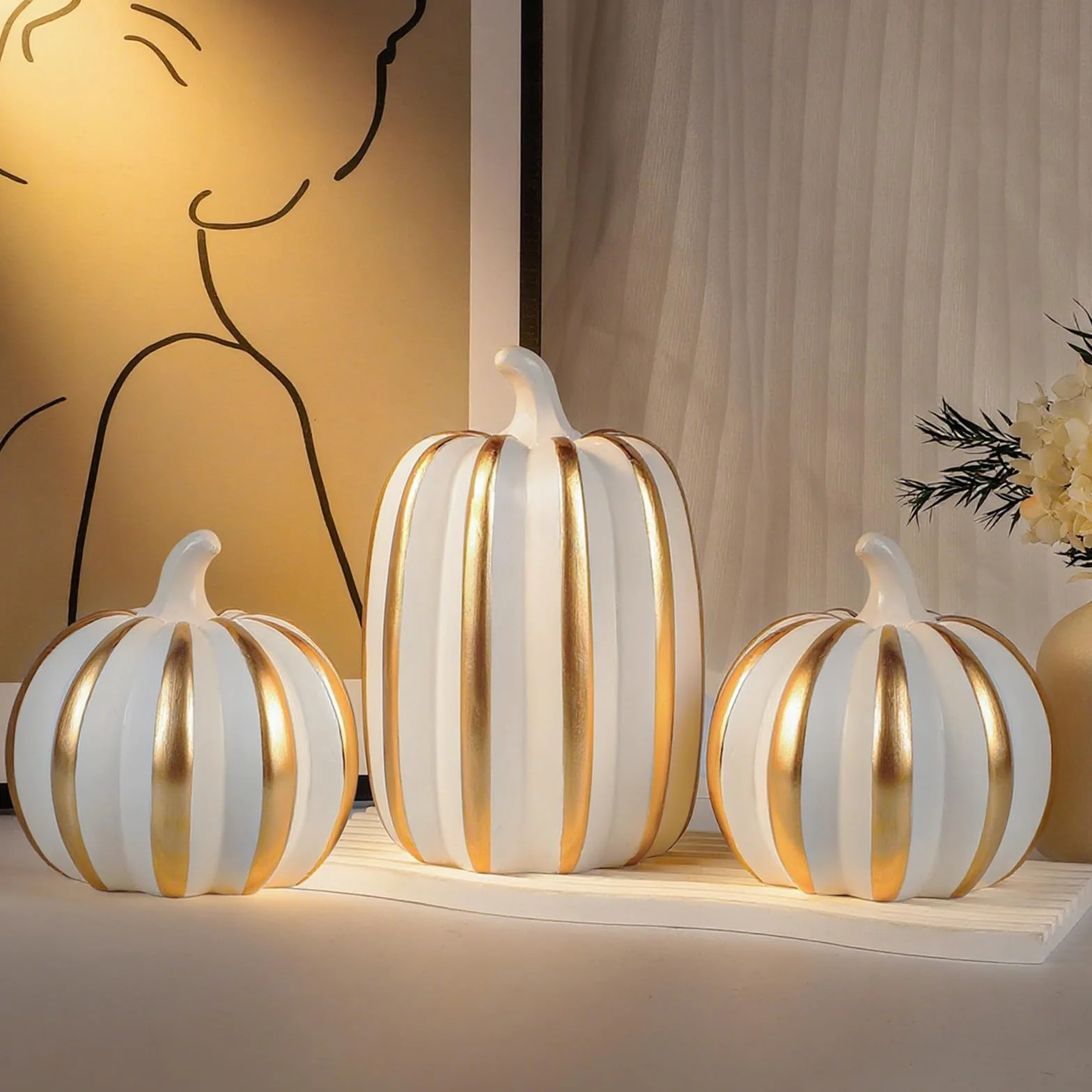 Fangoo 3Pièces Citrouilles Décoratives Résine Blanches pour DéCoration De Table d'automne Halloween RéColte Thanksgiving