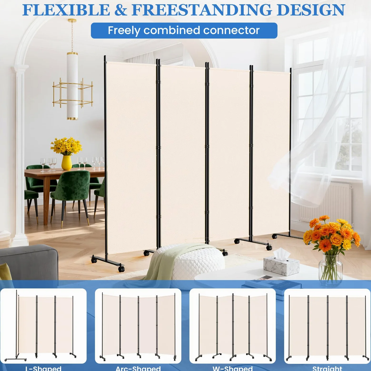 WELDUN Paravent de pièce à roulettes - 4 pièces - 223,5 x 183 cm - Brise-Vue Pliable - Cloison de séparation Amovible - Blanc