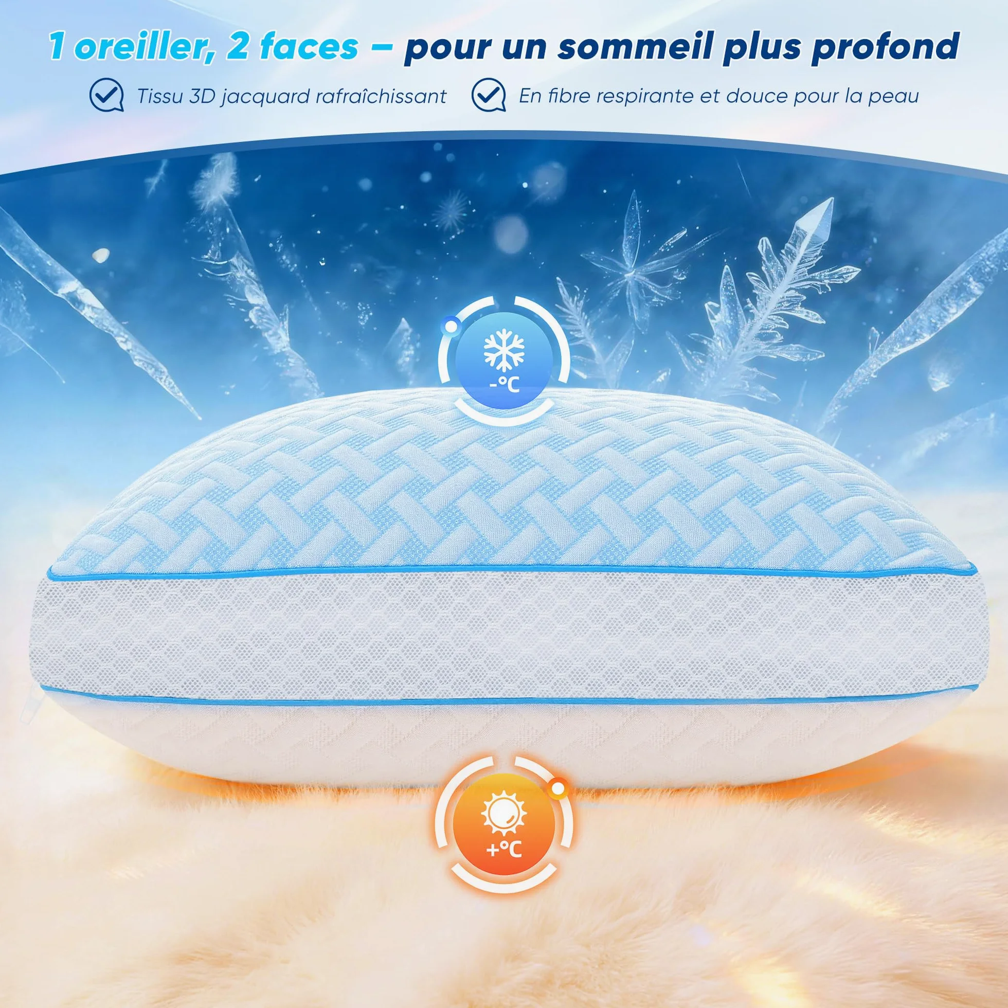 Oreiller mémoire de forme Gel – Oreiller 50x70 cervical à hauteur réglable, coussin respirant confortable, régulation thermique bi-face, avec housse amovible lavable, idéal pour toutes positions