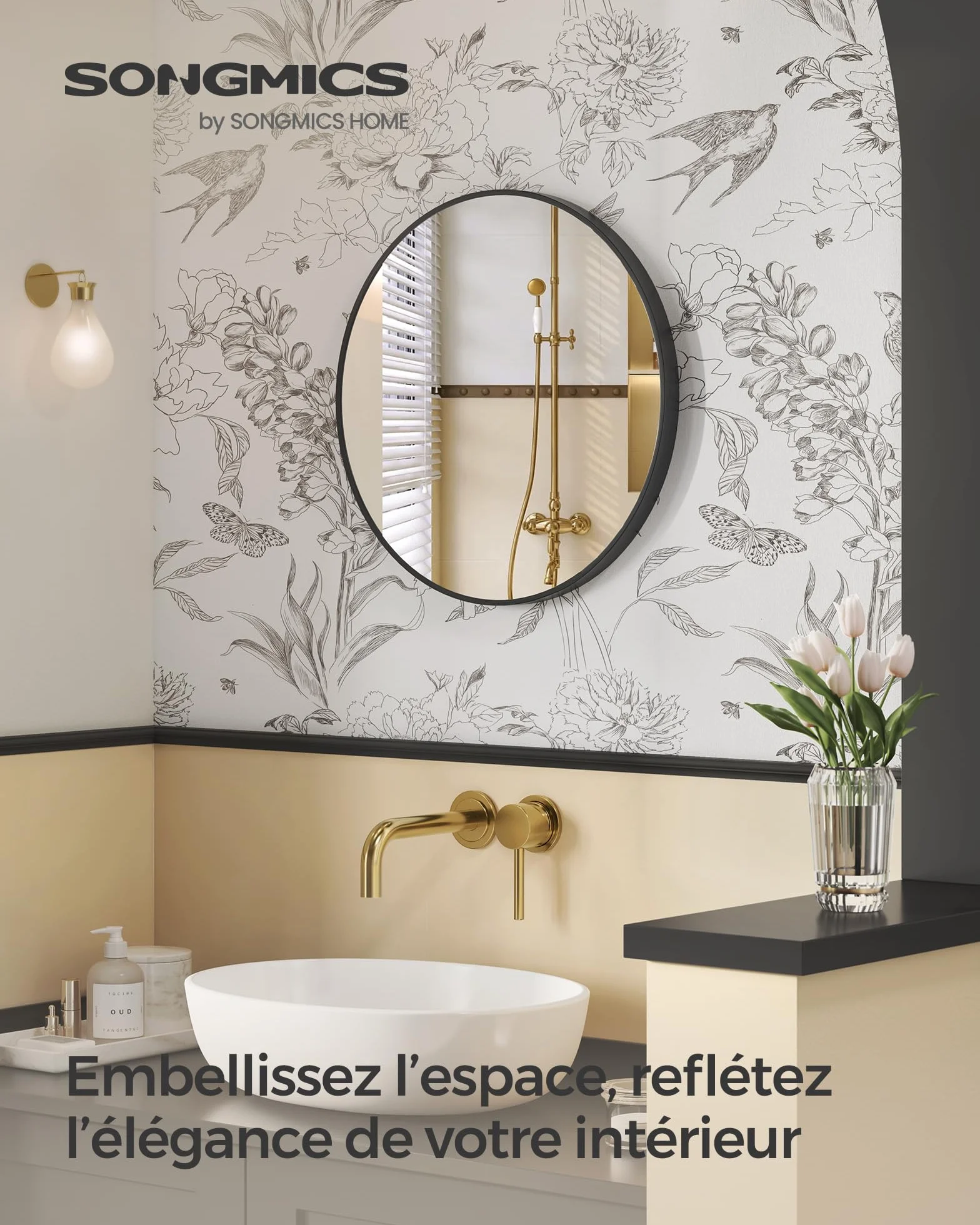 SONGMICS Miroir Rond Mural 61 cm Cadre en Métal Noir d'encre LWM102B01