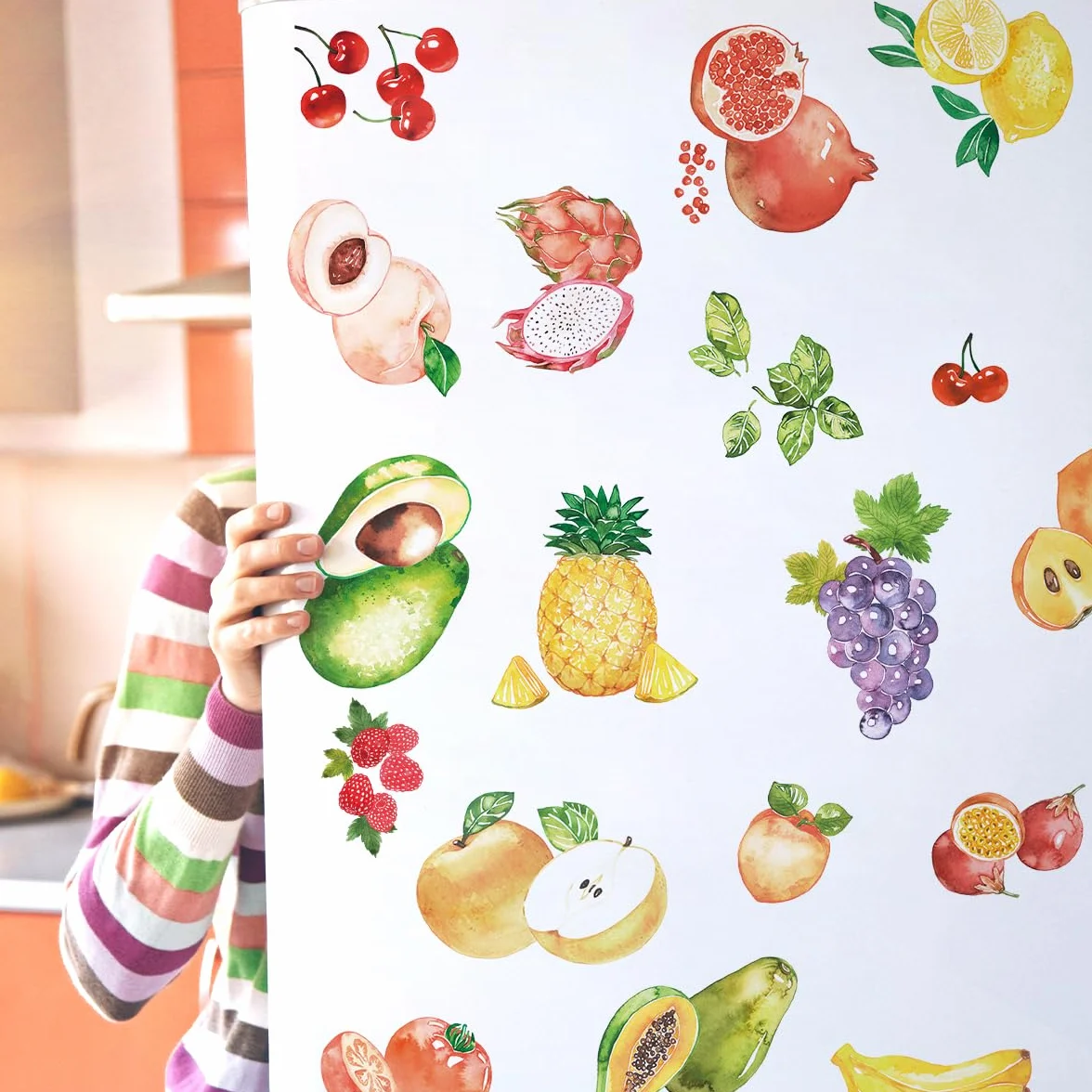 Lot de 2 feuilles d'autocollants étanches pour réfrigérateur - Autocollants décoratifs Fruits aquarelle Mural Vinyle