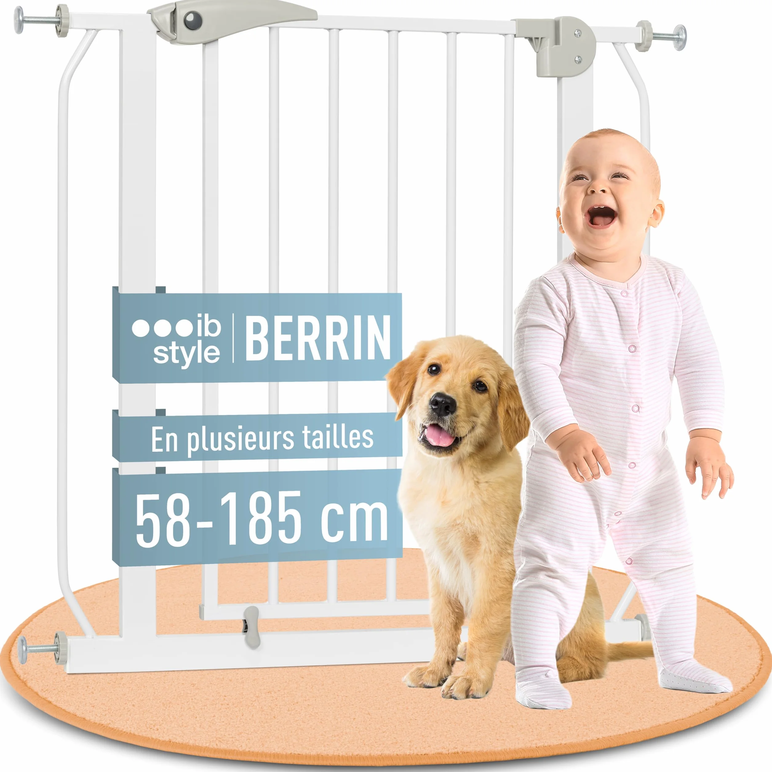 Barrière de Sécurité Berrin 58-185, sans Perçage, Fixation par Pression, pour Enfants 6-24 Mois, Blanc Gris, 85-95 cm