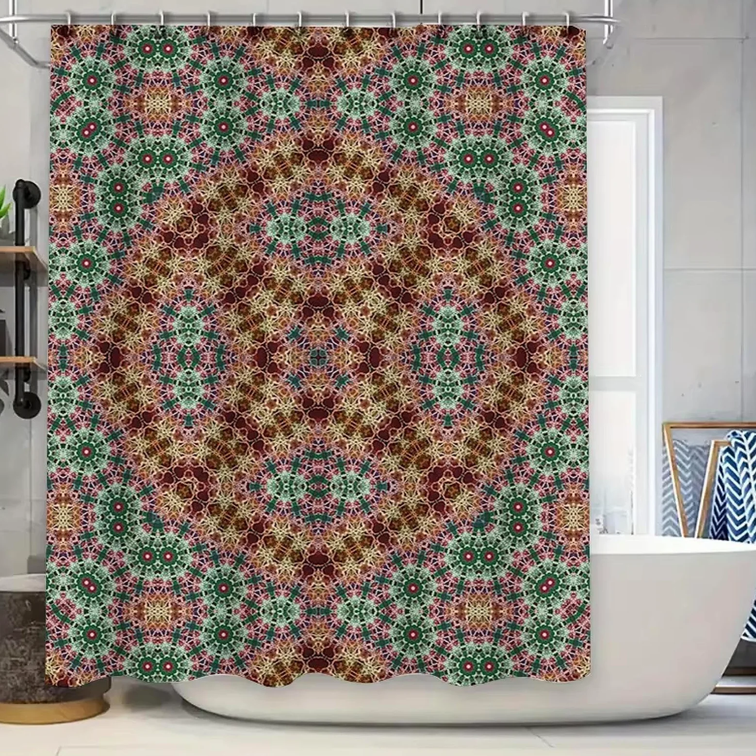 Rideau de Douche kaléidoscope Rouge, Vert et Jaune, Motif Floral Unique, décoration d'intérieur, Salle de Bain, Tissu imperméable, 280 x 200 cm (110 x 79 Pouces)