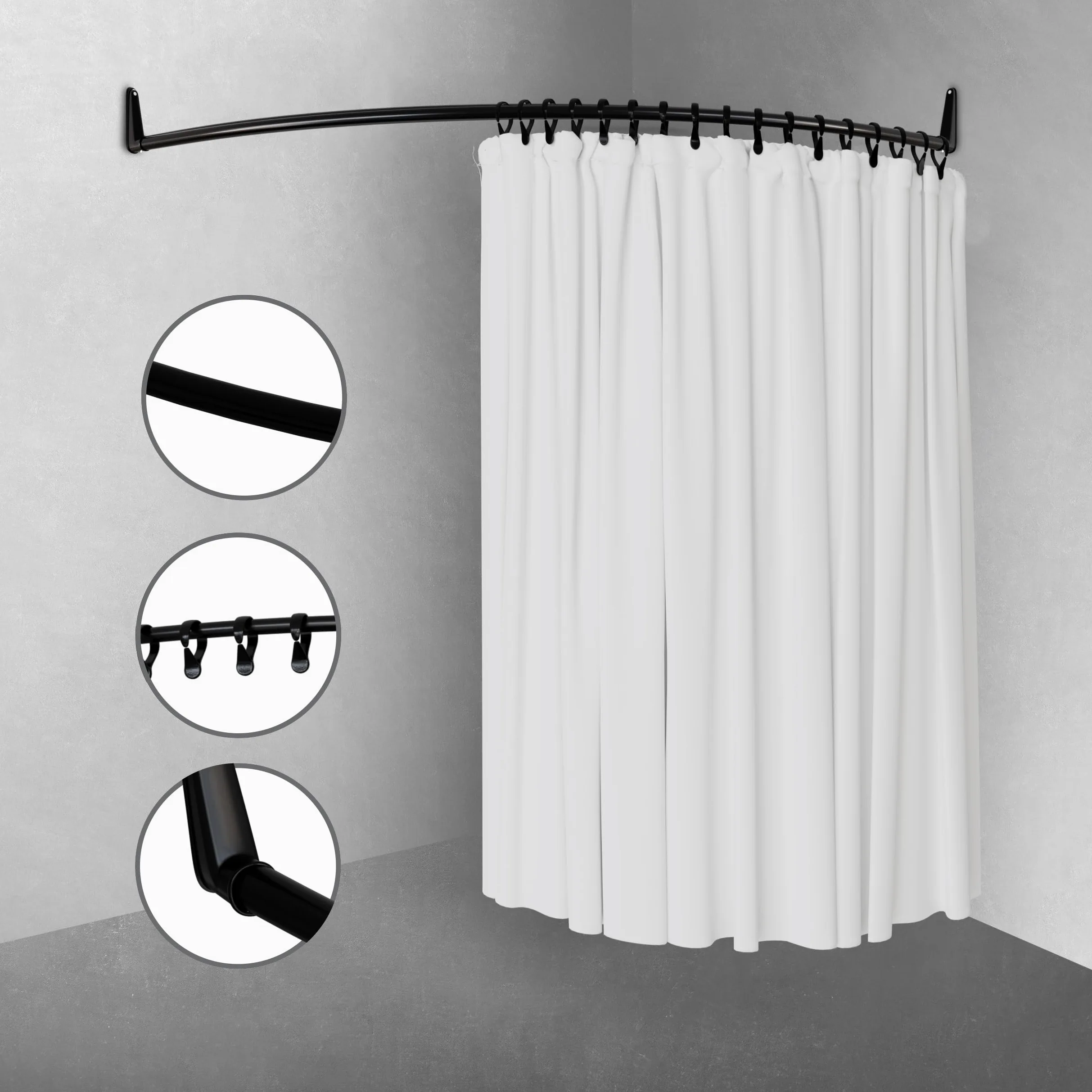 Erica Barre de Rideau de Douche D'angle 140x140cm, 100% Antirouille – Gris | 140x140 cm, Fixation Murale - sans Fixation au Plafond, Barre de Douche Incurvée, Acier Thermolaqué Gris, 100% Antirouille