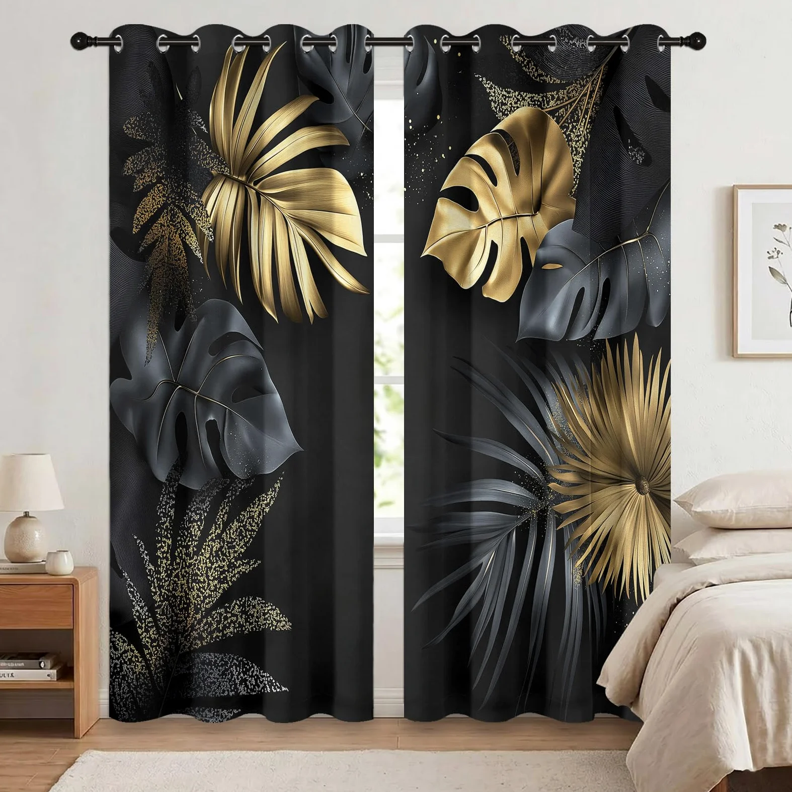 Rideau Occultant 3D Impression Feuilles Tropicales Modernes Et Élégantes Rideaux Salon Isolant Anti Froid Polyester 91.5L X 214H cm (2 Panneaux) Rideaux De pour Chambre Cuisine Décoration Noir Or