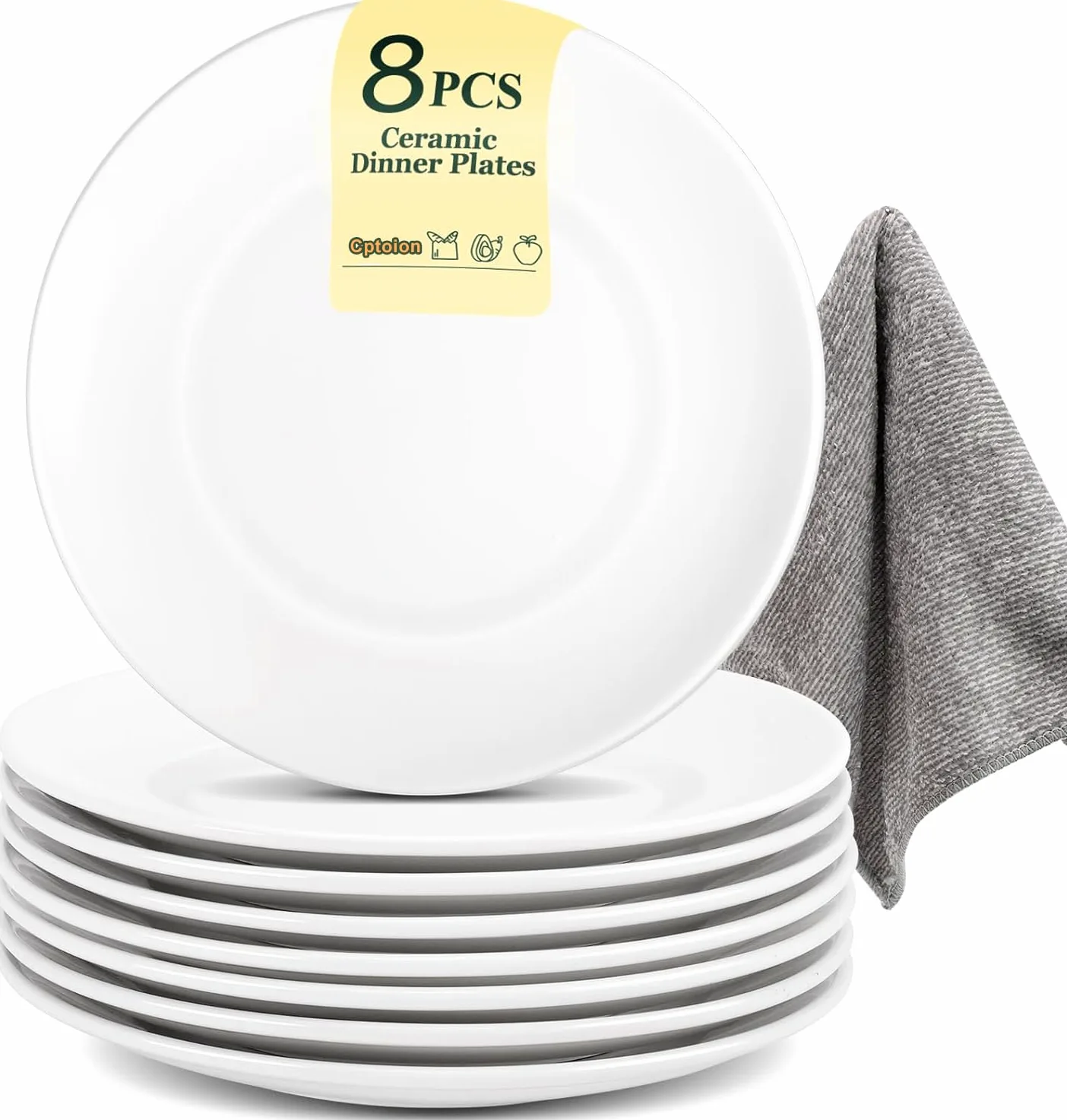 Lot de 8 assiettes rondes en céramique, 25,4 cm, assiettes à dessert, assiettes à petit-déjeuner, assiettes à gâteau, assiettes à salade, empilables, robustes, pour pâtes, pain, plats