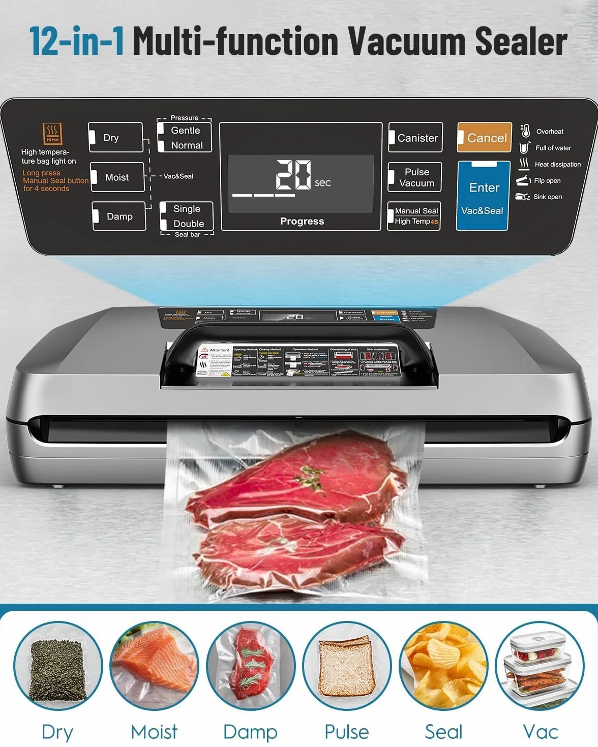 Machine Sous Vide Alimentaire Professionnelle 95 kPa, 12 en 1, Rangement pour Sacs, Coupe-sac, 1 Rouleau et 10 Sacs