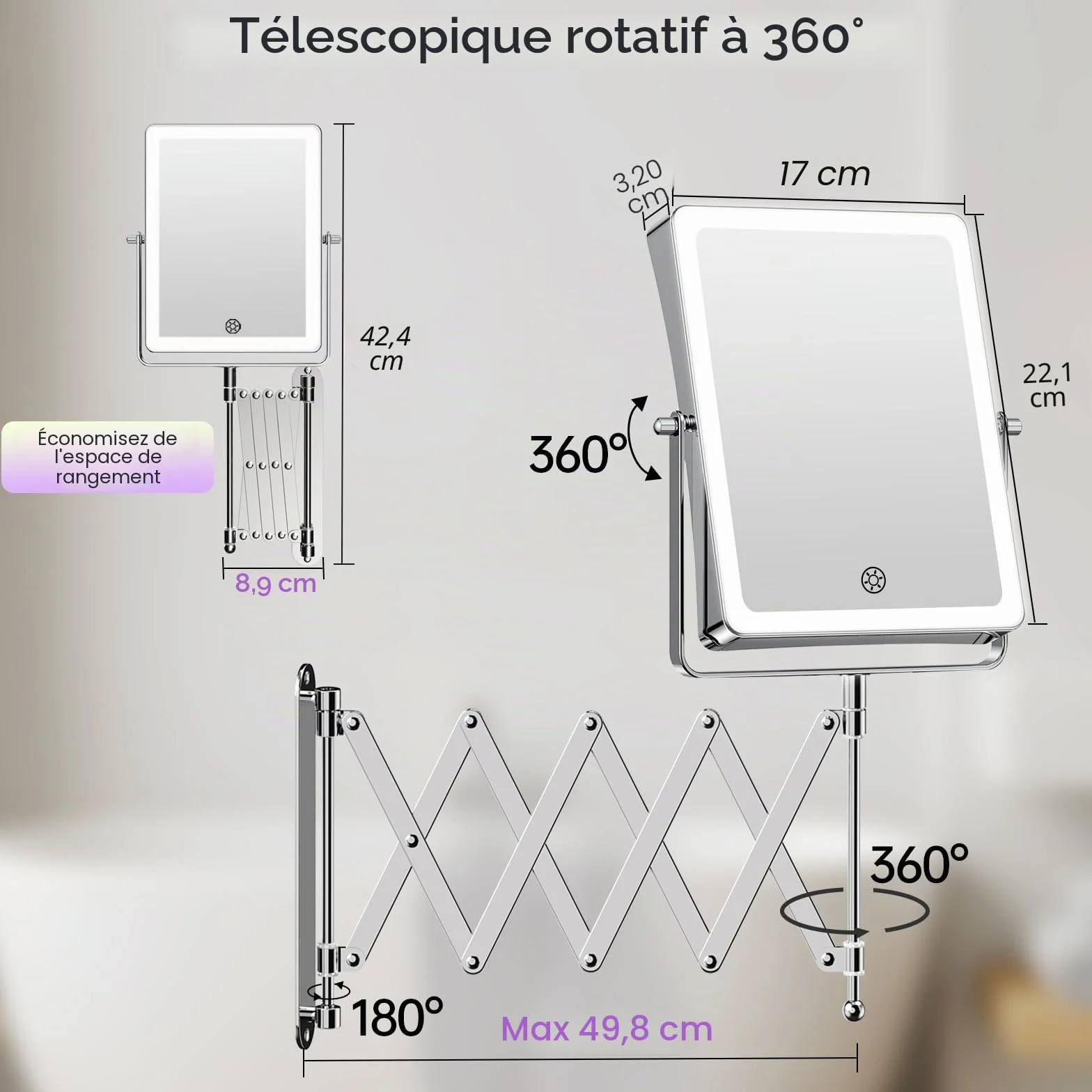 Famihomii Miroir Maquillage Lumineux Rechargeable 5000mAh 8,7" Double Usage 1X/30X Grossissement Mural 3 Températures de Lumière Pivotant 360° Chrome