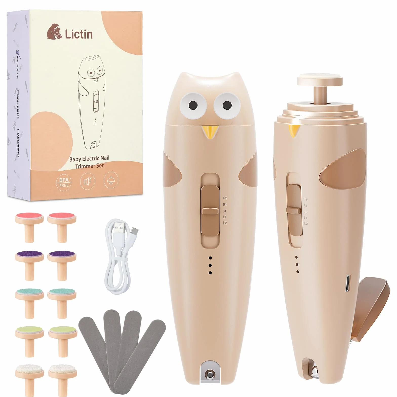 Lime à ongles électrique pour bébé rechargeable avec lumière et 10 têtes de rechange Khaki