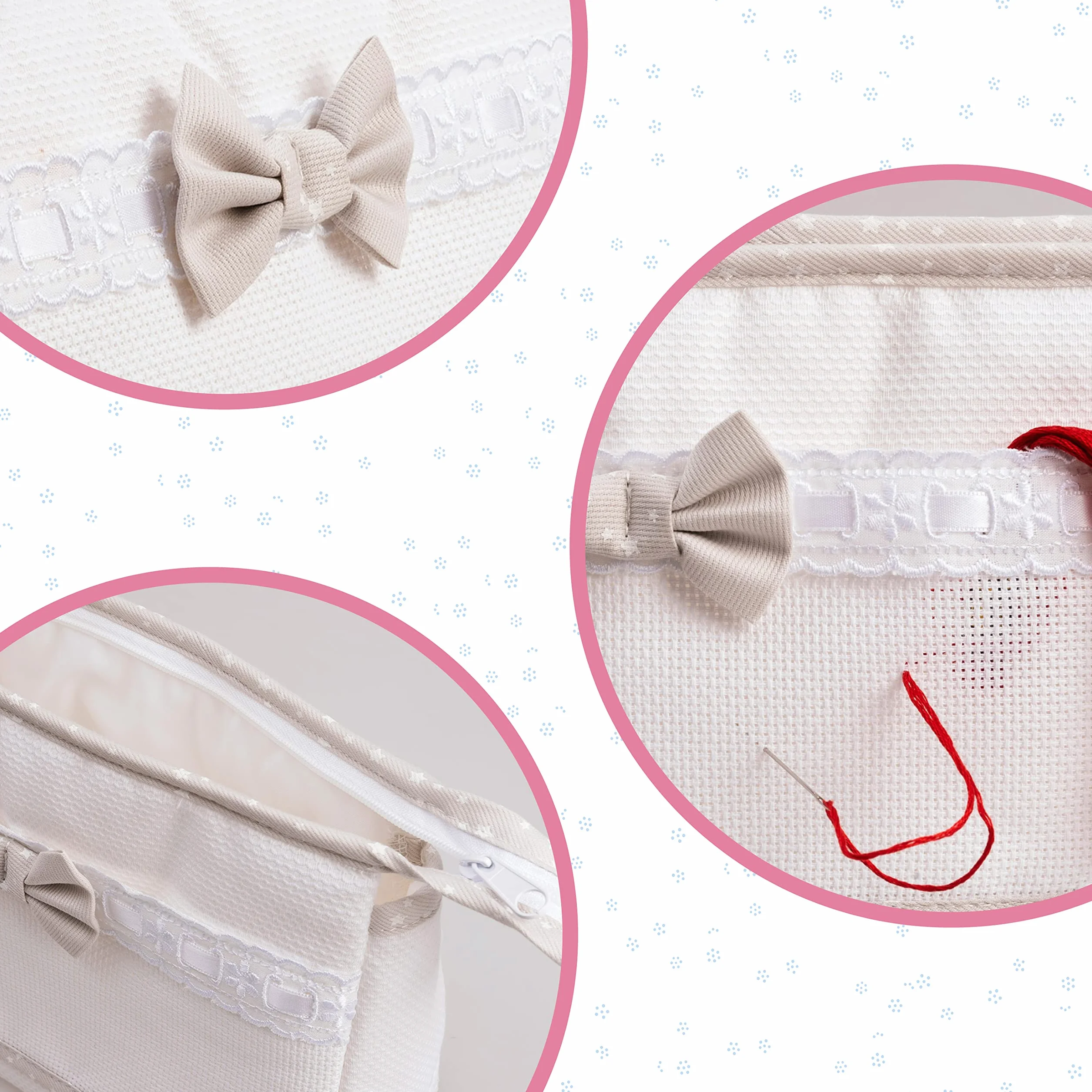 Trousse de Voyage avec Fermeture à Glissière, Organisateur de Produits de Beauté, Toile Aida à Broder, 24x16x6 cm, Blanc et Beige, Made in Italy
